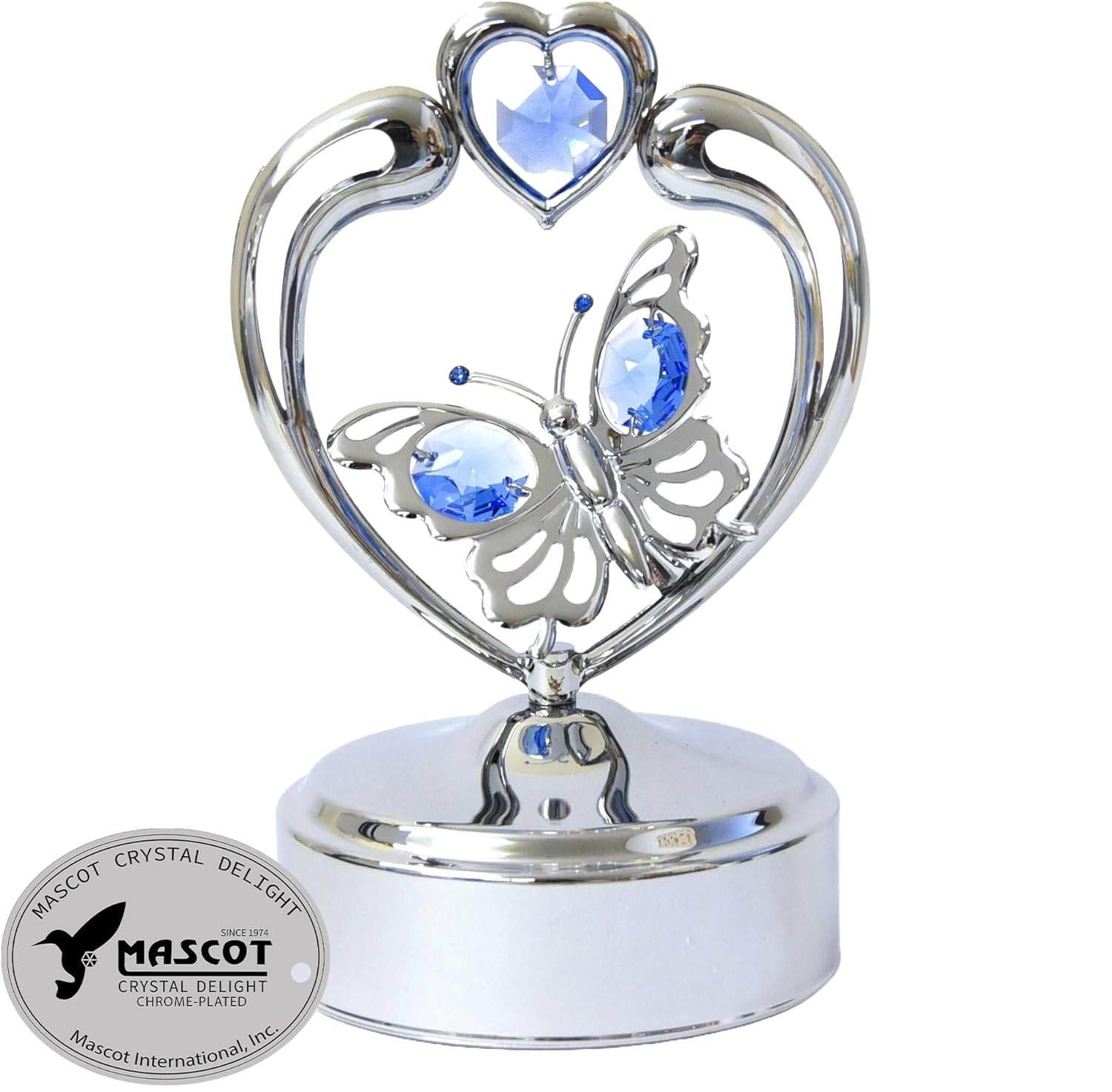 Mascot Chrome Butterfly in Heart Music Box w/Swarovski Crystals - Romantic Gift for her birthday, anniversary, wedding or Home decorations (7 Color Options)