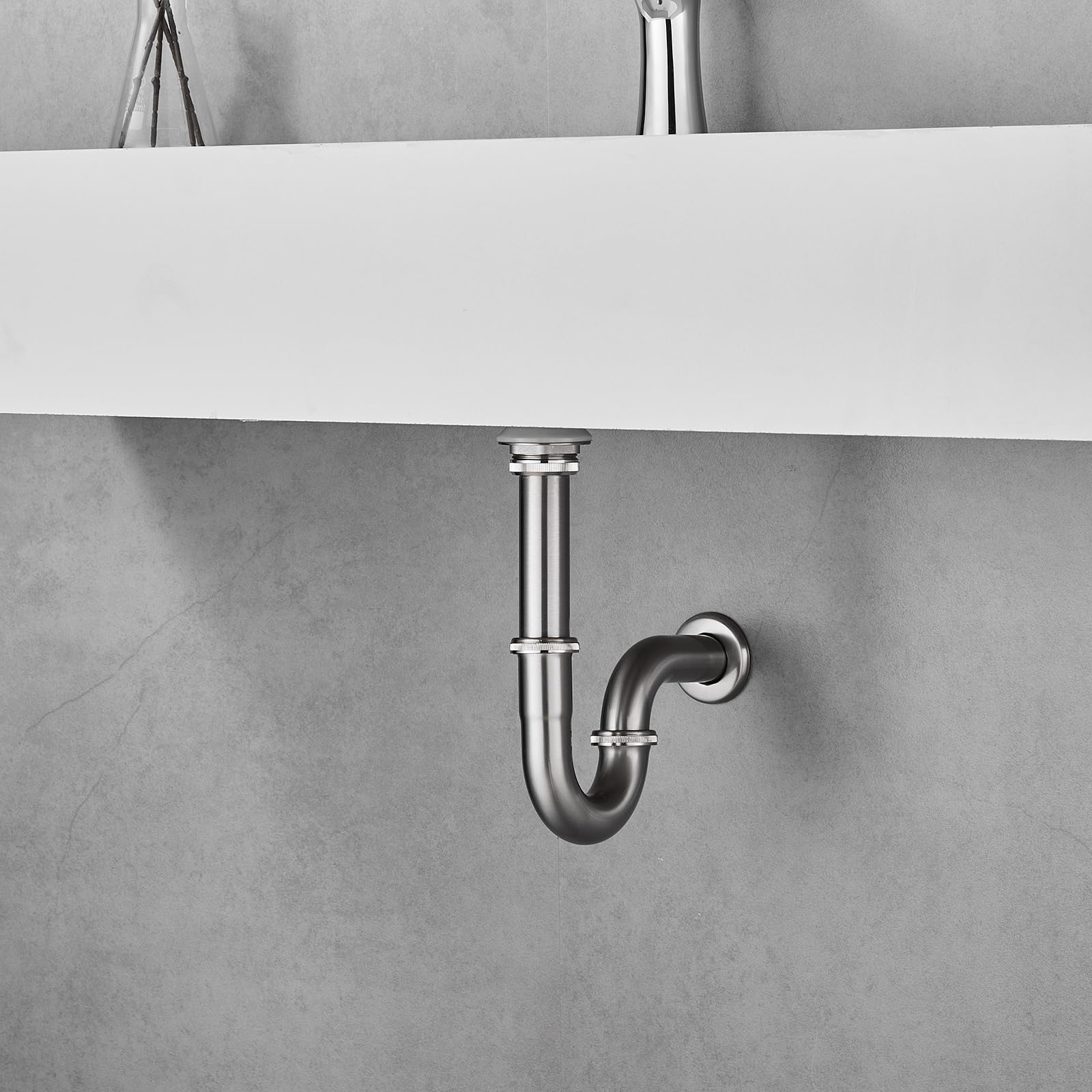 SET - Design Siphon mit Ablaufgarnitur ohne Überlauf KEOKBON Siphon 1 1/4" x 32 mm Pop Up Ventil für Waschbecken und Waschtisch, Edelstahl Röhrensiphon Geruchsverschluss Gebürstetes Nickel