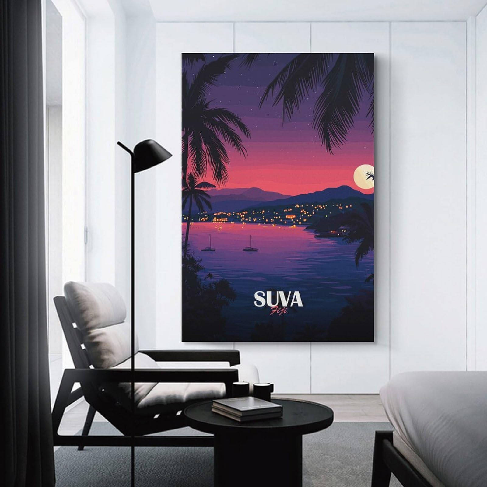 Junmoney Suva Fiji Tropical Nightscape Illustration Canvas Art Print, 24x36inch(60x90cm), for Wall Displays, Bedrooms Or Room Updates, Home Wall Art for Statement Displays