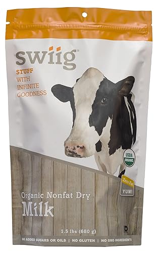 swiig Leche seca orgánica sin grasa, sin azúcar ni aceites añadidos, sin gluten, sin ingredientes transgénicos, bolsa de 1.5 libras