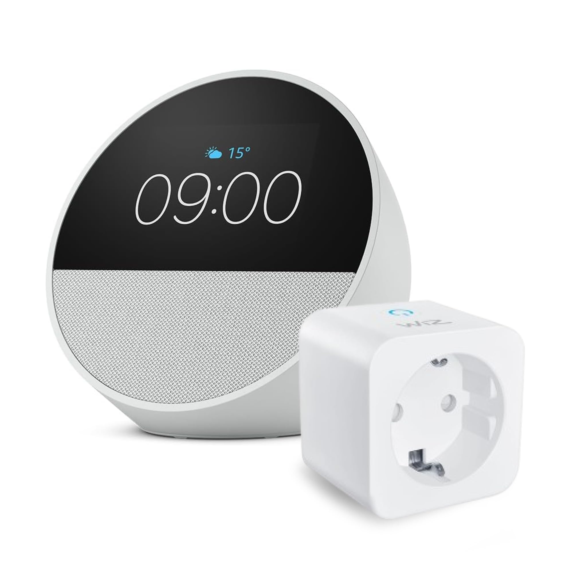 Amazon Echo Spot (Ultimo modello) | Bianco + WiZ Presa intelligente, compatibile con Alexa - Kit di base per Casa Intelligente