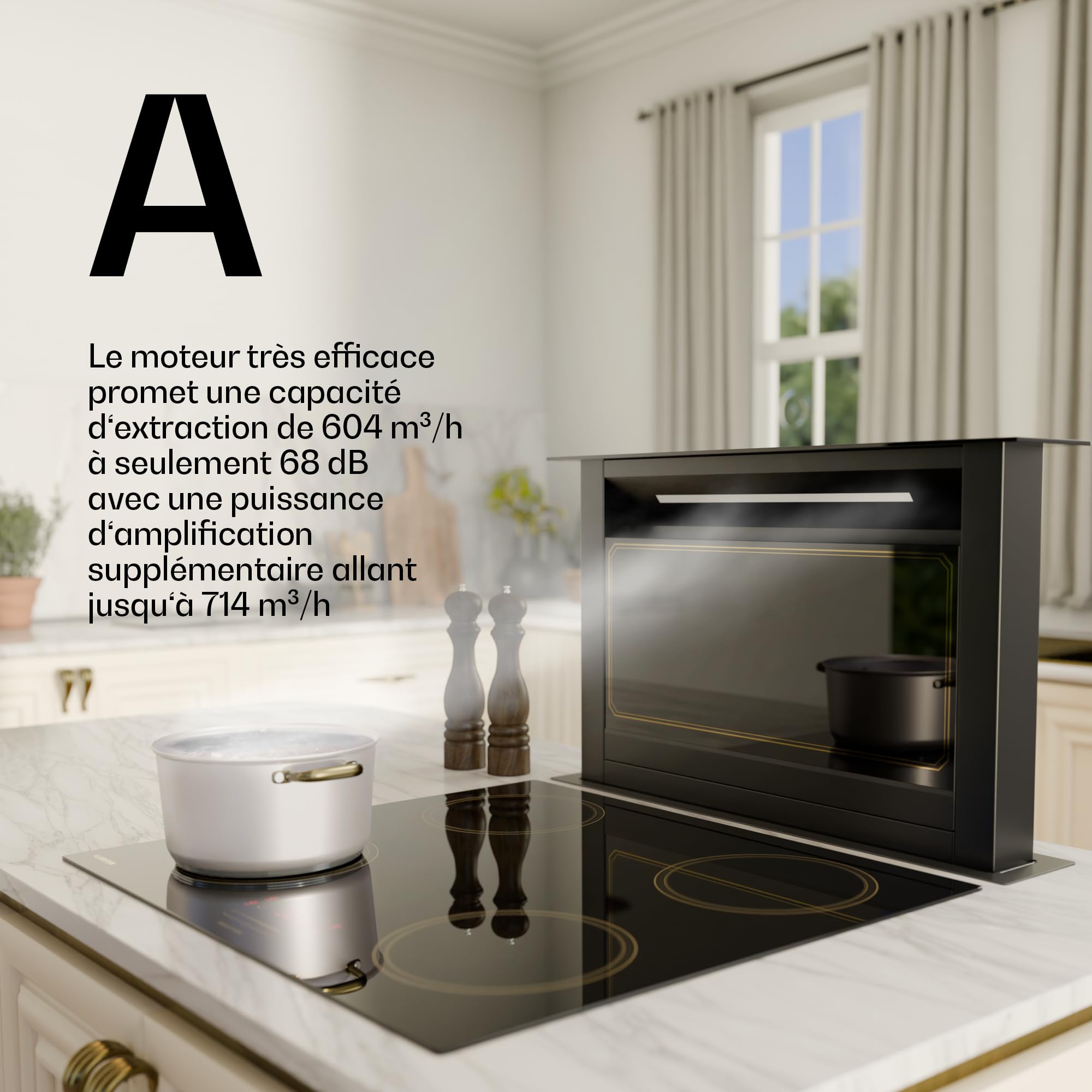 Klarstein Victoria Downdraft Hotte De Plan De Travail - A++ Efficacité Énergétique, 713,8 m³/h Débit D'air, Ultra Silencieuse 52 dB, Écran Tactile, Filtres Lavables, LED, Noir