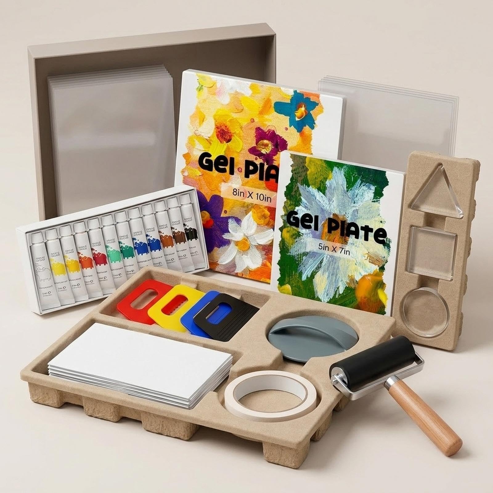 rockible Komplettes Gel-Druckplatten-Set mit Farbe und Werkzeugen, Bastelbedarf, wiederverwendbare Vorlagen für die Kartenherstellung – ideal für im