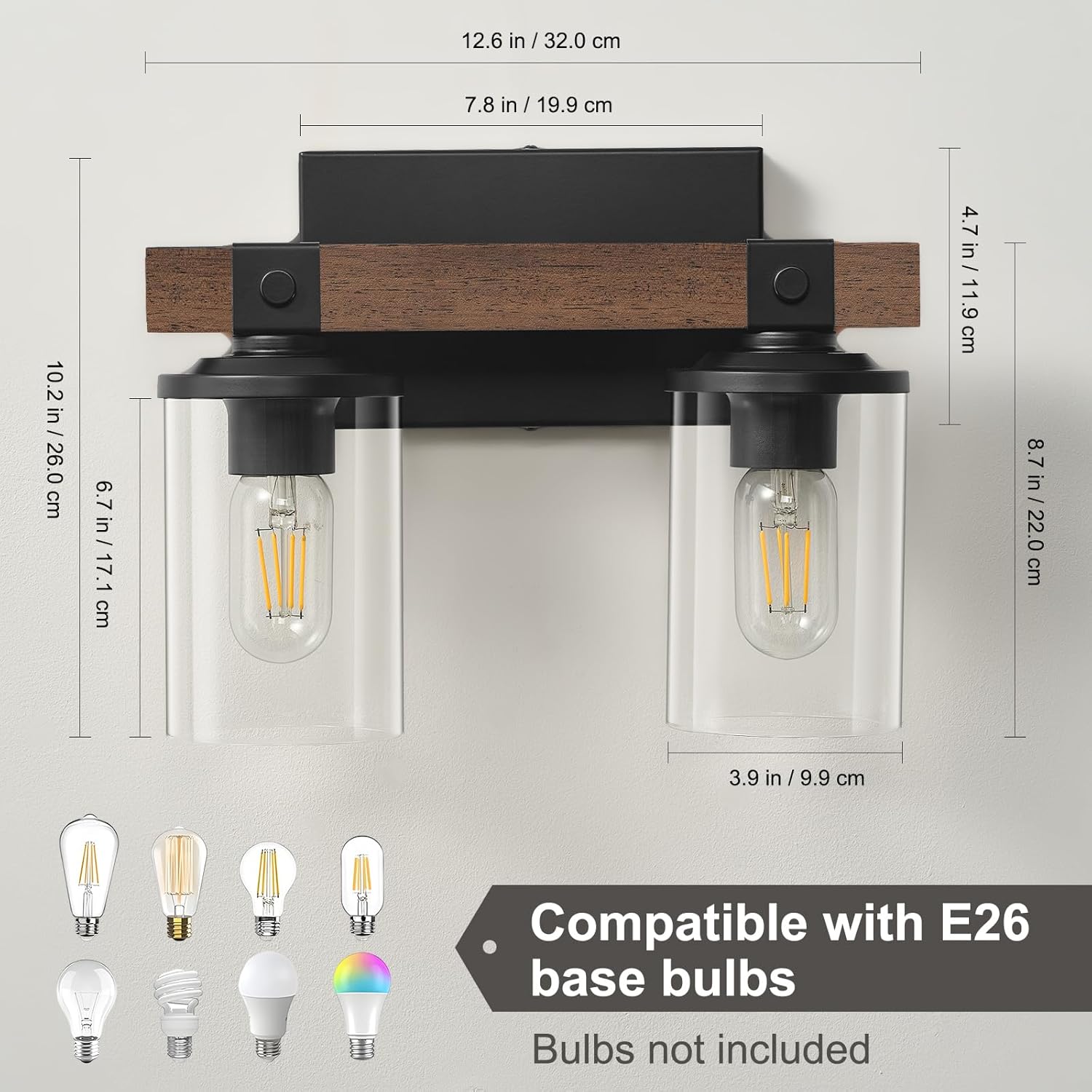GoYeel Farmhouse Vanity Lights for Bathroom, Wooden Rustic Vanity Lighting fixtures 2-Light Bathroom Lights Over Mirror Vintage Wall Sconce Lighting with Clear Glass Shade for Bedroom Hallway