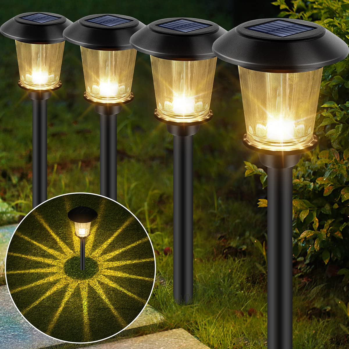 Luces solares de cristal, luces solares para exteriores, 2 modos, impermeables, con energía solar, iluminación decorativa de paisaje para caminos, patios, pasarelas (paquete de 6, color blanco cálido)