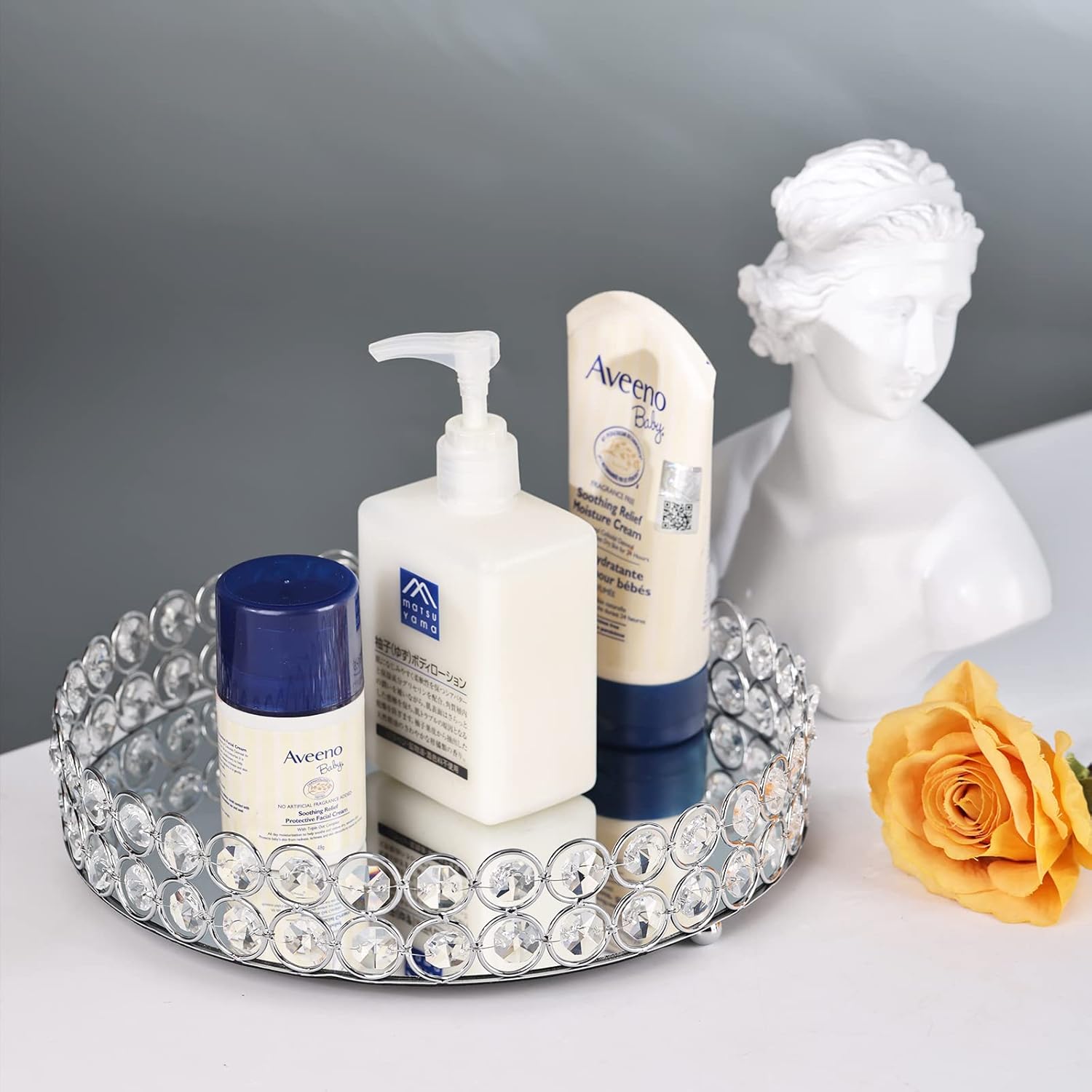 Mirror Perfume Tray,Crystal Make up Tray,Bathroom Storage Tray Jewelry Trinket Tray