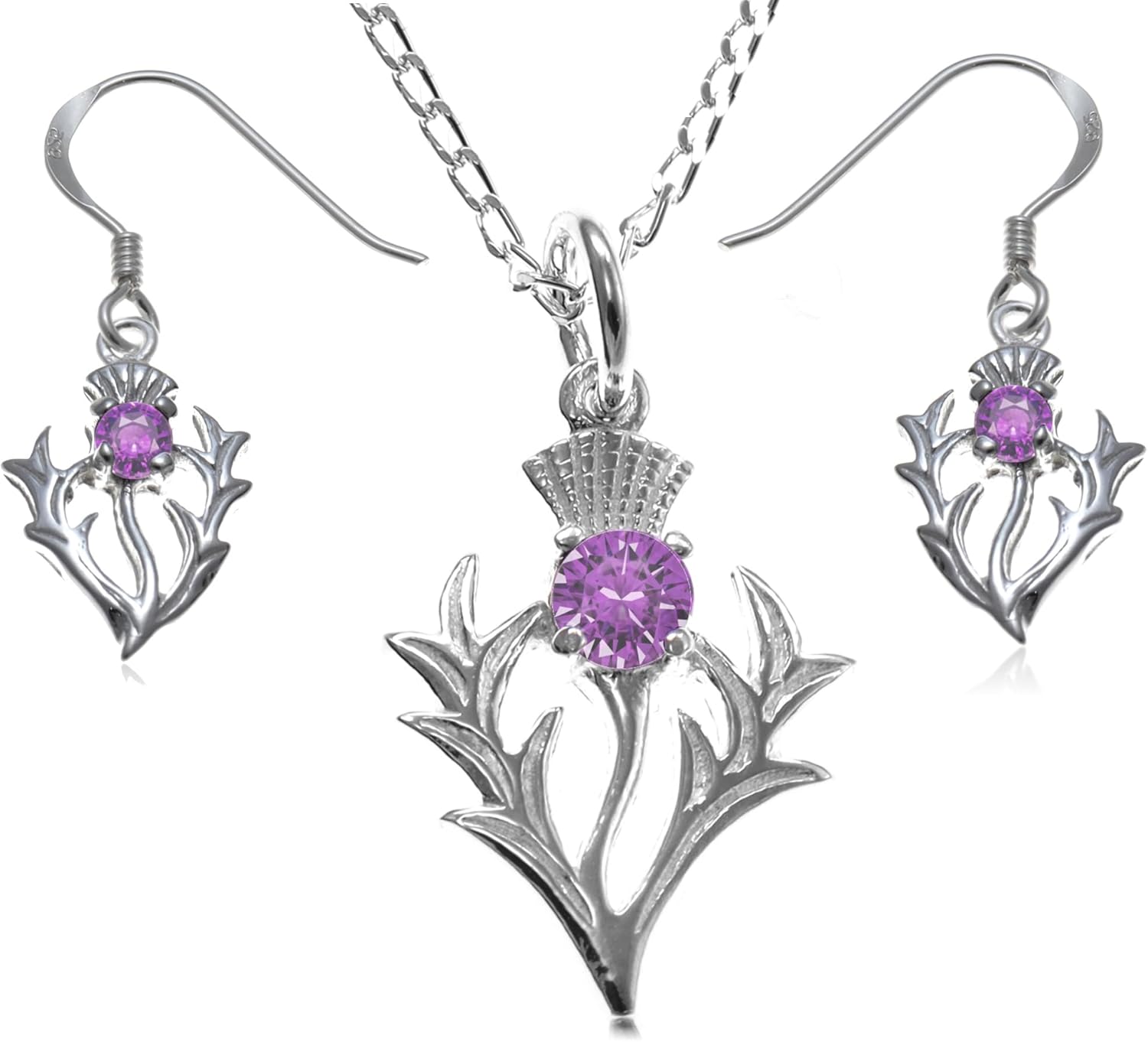 Alexander Castle Scottish Thistle Amethyst 925 Sterling Silver Jewelry Set for Women - Necklace and Earring Set with Jewelry Gift Box - Gifts for Women Teens - Drop Earrings