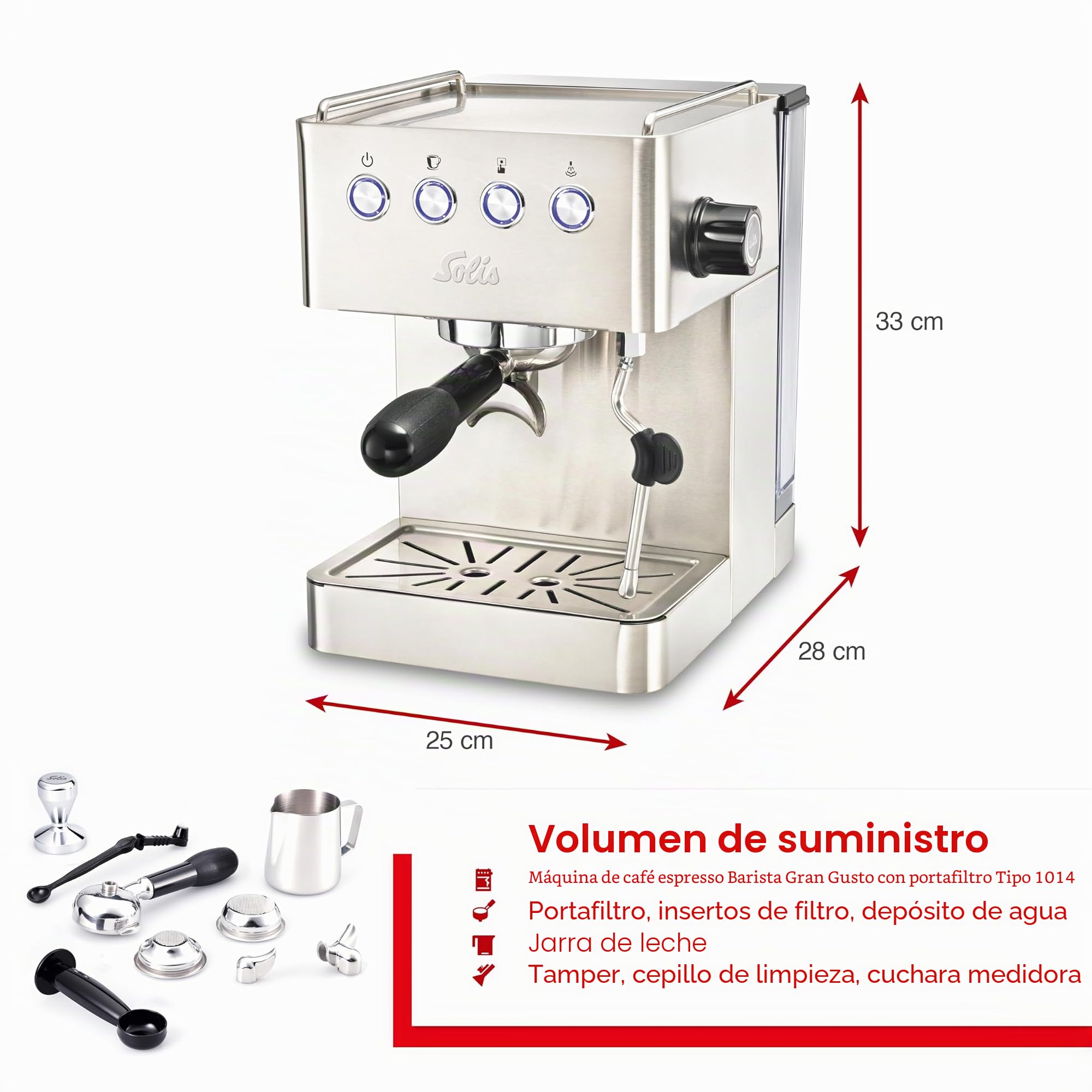 Solis Barista Gran Gusto - Cafetera espresso con depósito de agua extraíble, máquina semiautomática de portafiltros con soporte de filtro profesional de 58 mm, función de agua caliente y vapor, acero