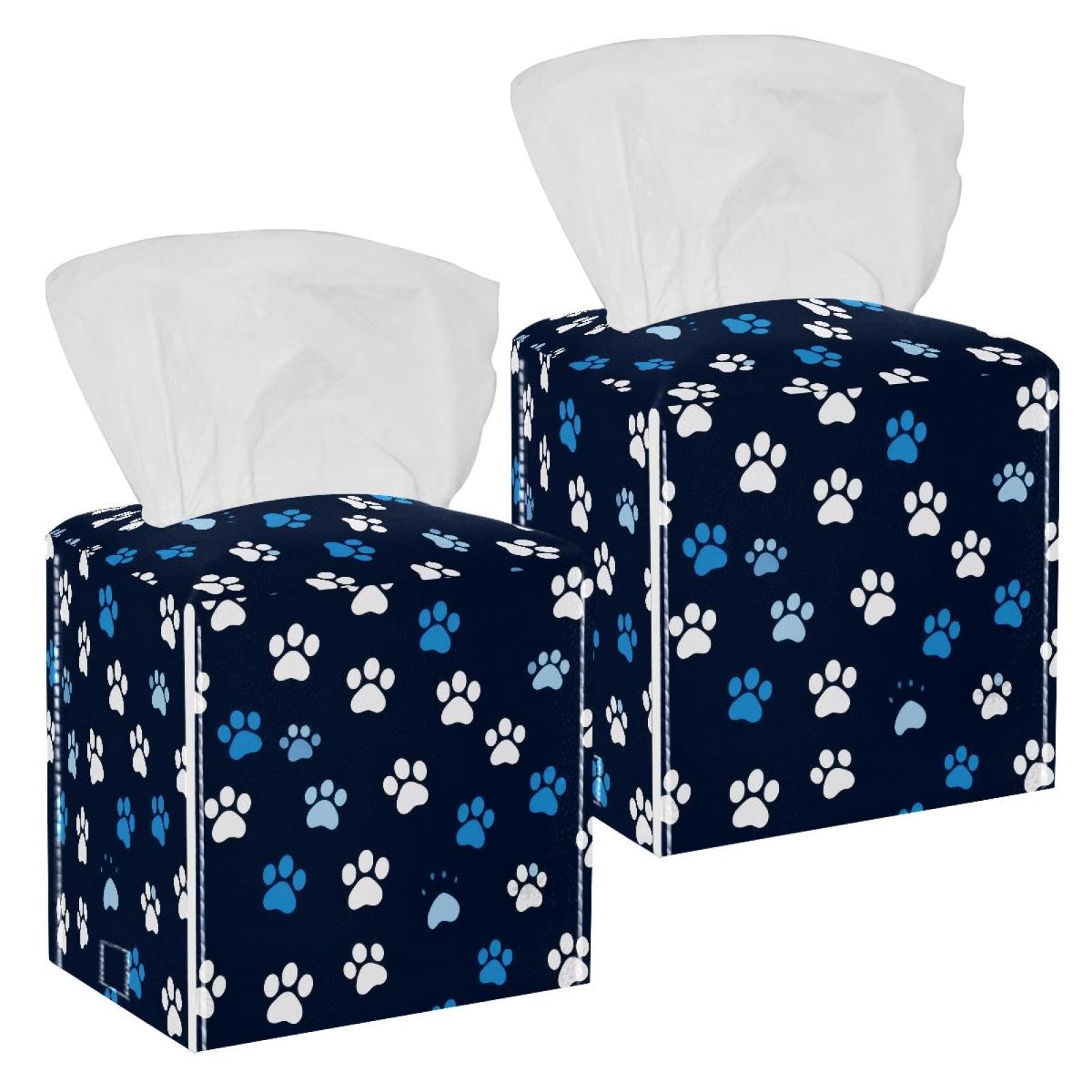 Dog Paw Tissue Box Cover, 2 Pack PU Leather Square Facial Tissue Dispenser Box holder for Home Office Car