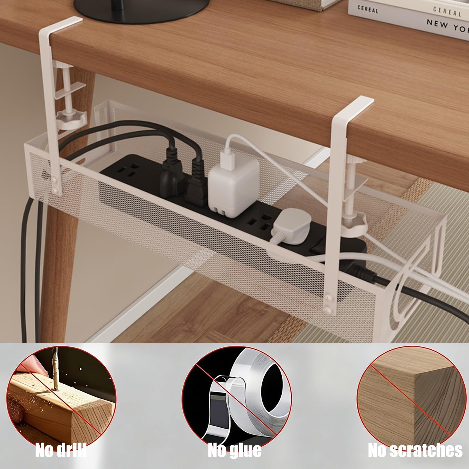 Cache Cable Bureau sans Percer, Plateau de Gestion des Câbles sous Le Bureau, Chemin de Câbles en Treillis MéTallique avec Pince, pour Domicile(Blanc 1, 40 * 13 * 7cm)