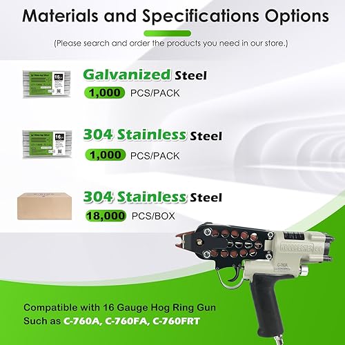 Miniatura 7 de CTS SC760C17 16 calibre 16 12" corona galvanizada anillos de cerdo 1000 unidades, grapas de anillo C para pistola de anillo de cerdo, grapas de