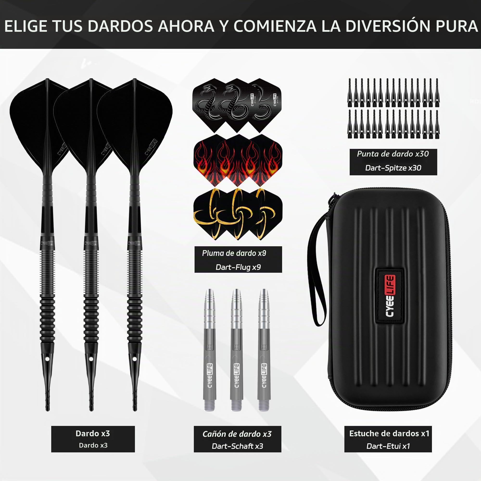 Dardos CyeeLife 90% tungsteno 3 Unidades Juego Profesional con Plumas cañas y Puntas Negro