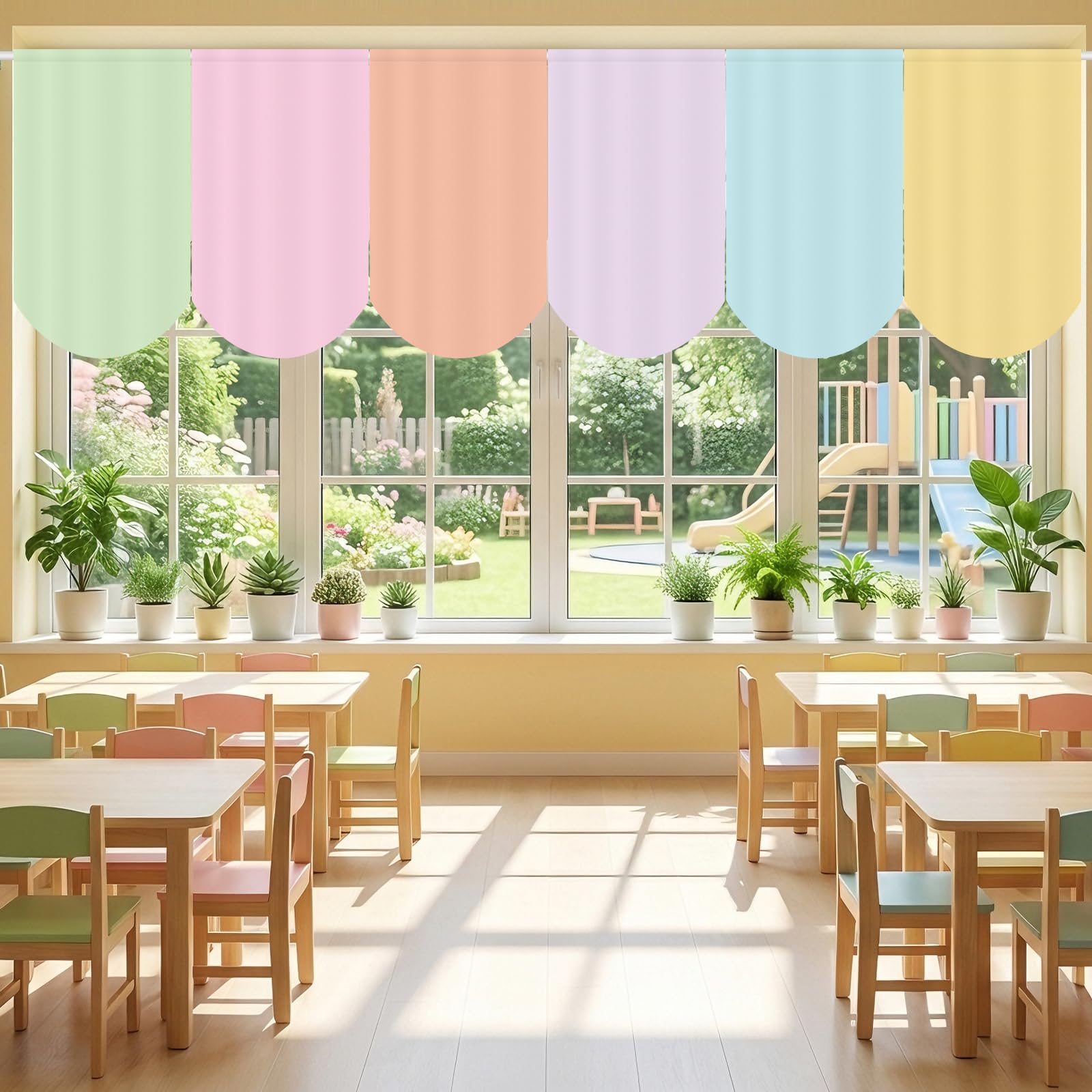 PhyLence 6 Pcs Pastel Classroom Curtains Decorations – Colorful Back to School Bulletin Board Backdrop, Boho Window Covers and Decor Panels for Preschool Elementary Learning Spaces