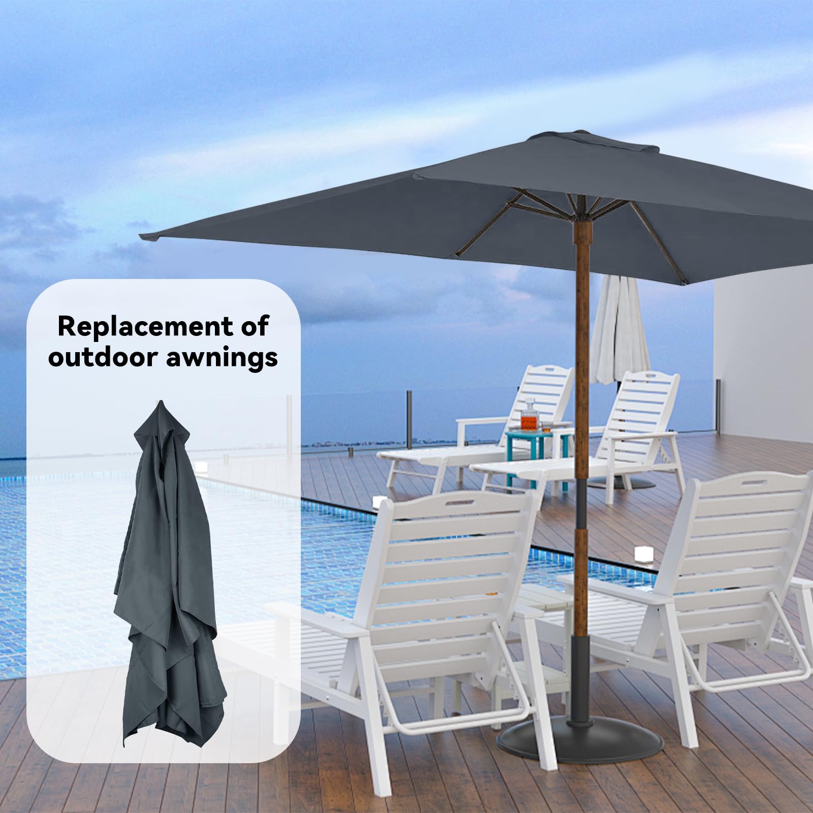 Sombrilla rectangular de repuesto, protección UV, con 6 puntales, para jardín, balcón, piscina, playa, 200 x 300 cm, gris