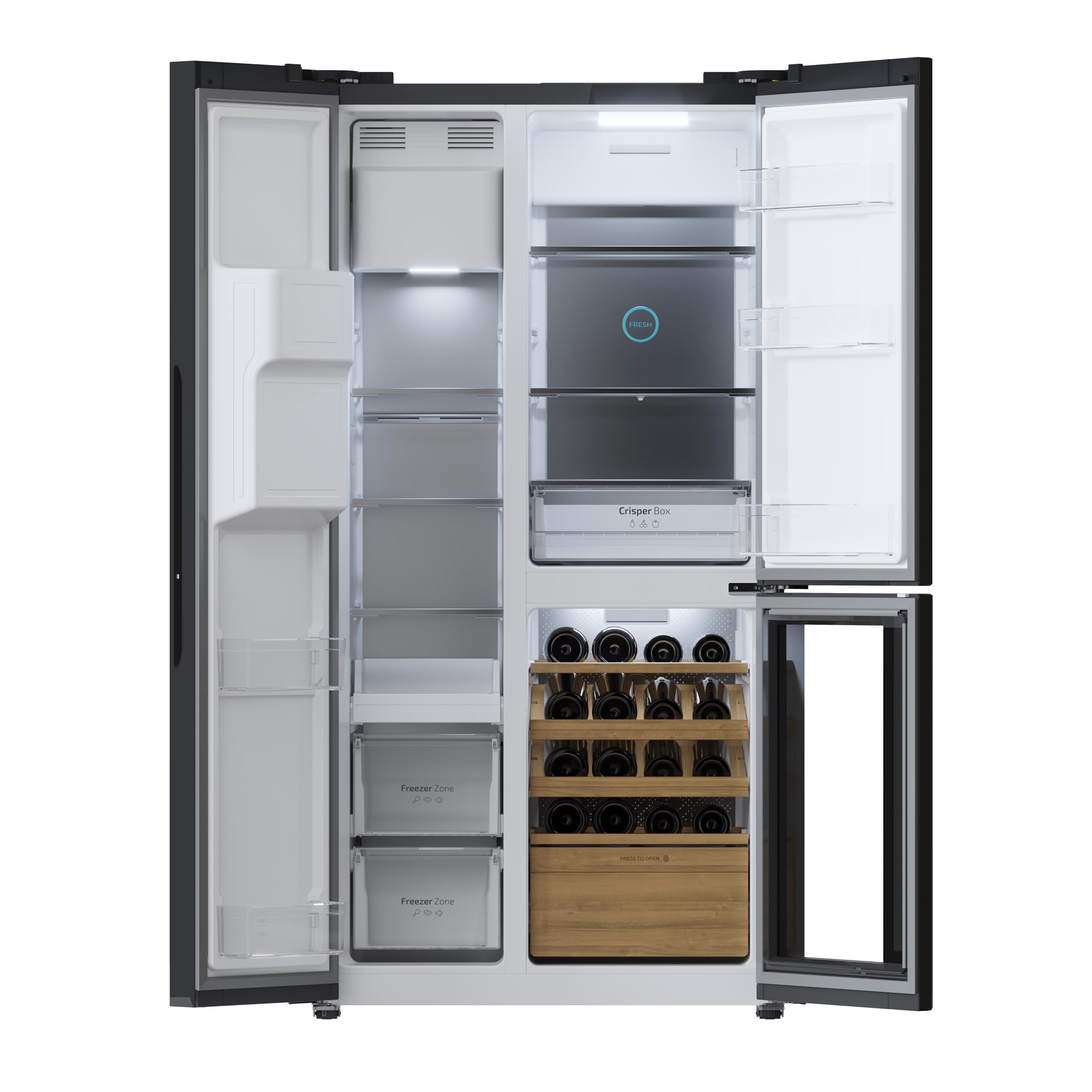Cecotec Bolero CoolMarket TDW 529 WID Black Glass E 3-door refrigerator, wine cellar, 529L, Inverter Plus, Total No Frost, E, MultiAirFlow, Fast Cooling.