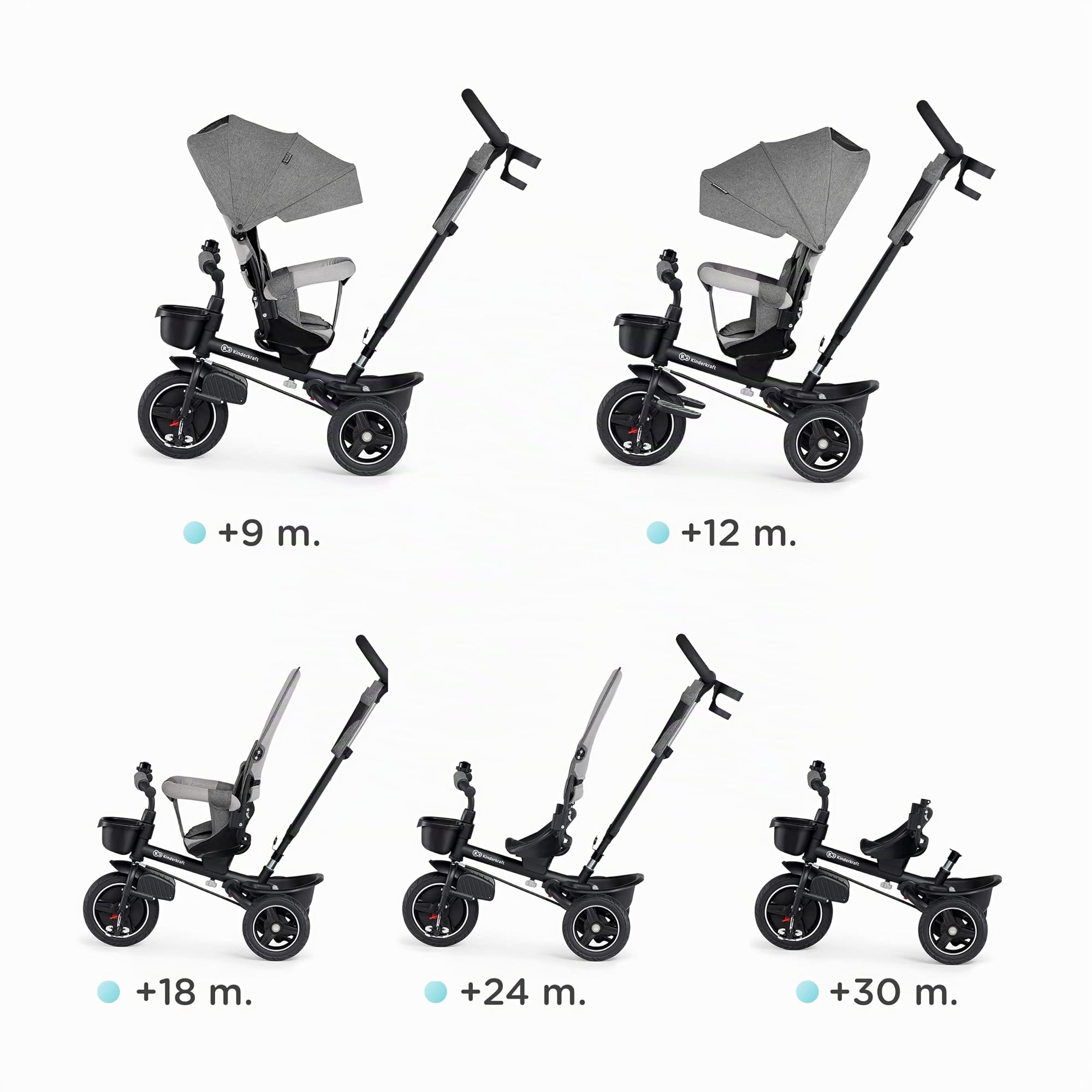 Kinderkraft SPINSTEP Triciclo bambini dai 9 Mesi con Maniglione, Cappottina impermeabile con filtro UPF50+, Pieghevole, Seduta girevole a 360 gradi, Grigio
