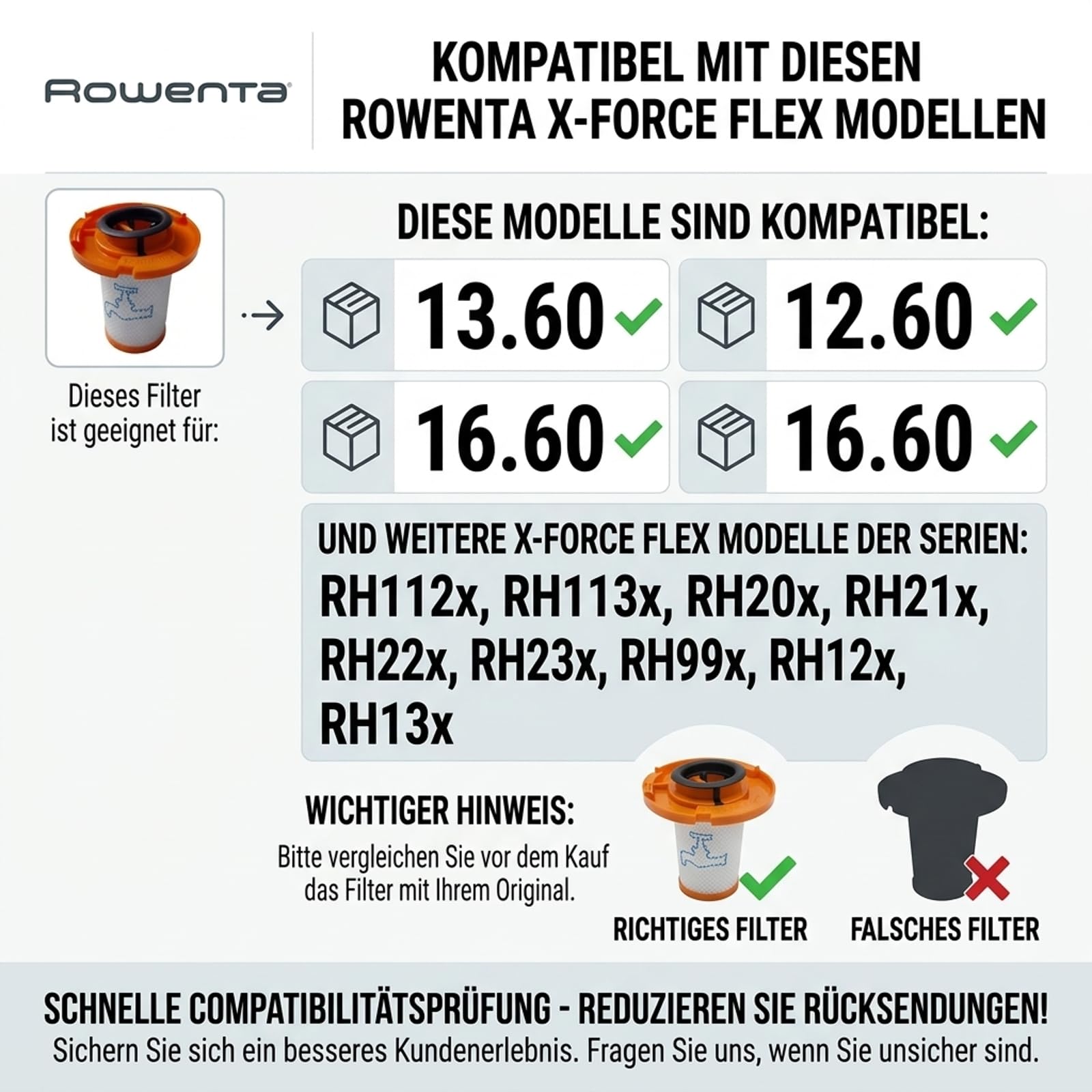 2 filtri di ricambio per Rowenta X-Force Flex 13.60 - ZR009014 compatibile con RH9A36WV/X-Force Flex 12.60 RH98A8WO/ 16.60 RH9A36WV, filtro aspirapolvere lavabile per serie X-Force Flex