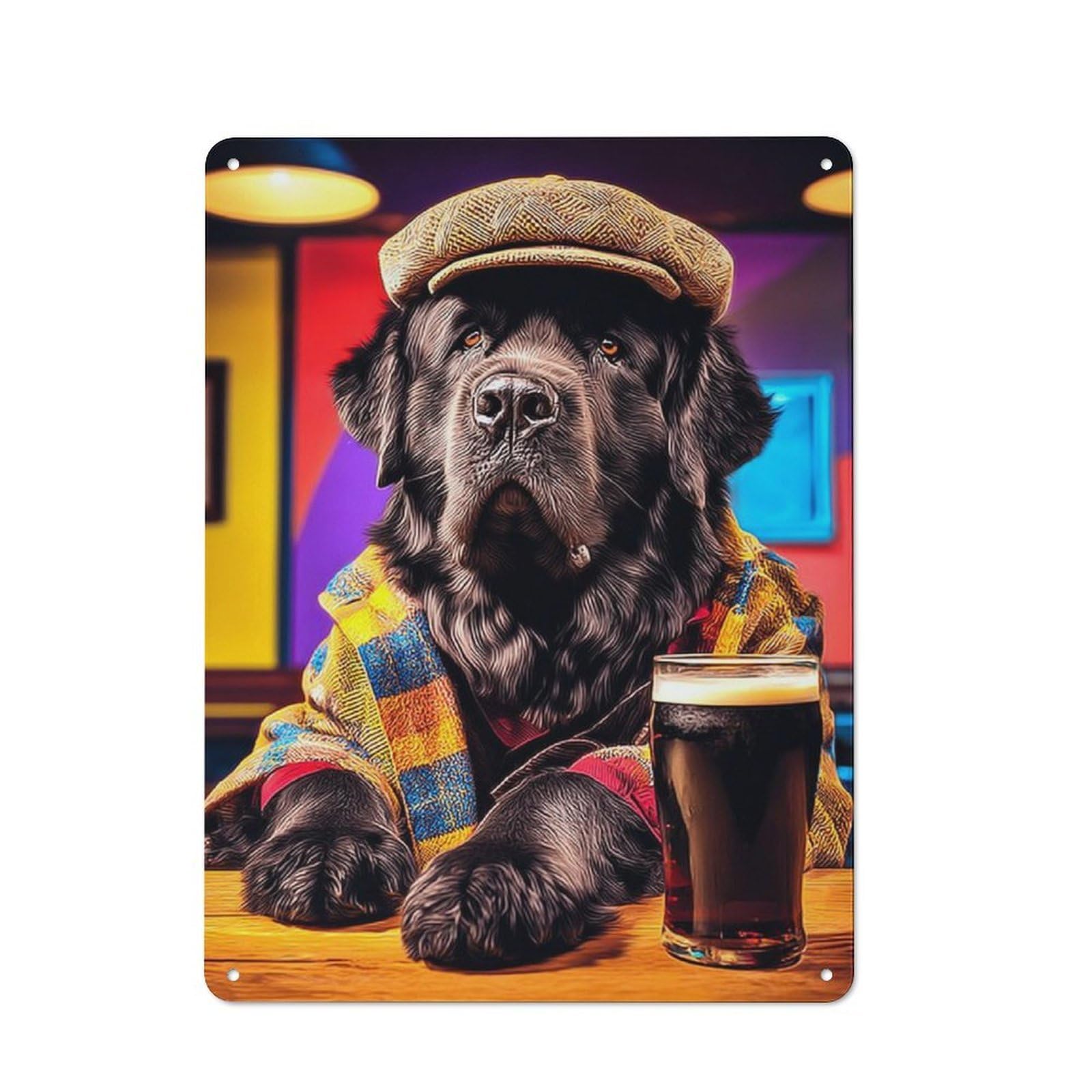 Metal Wall Plaque with Dog in Hat with Beer Design 40x30cm, Retro Small Space Decor for Flat, Dorm Room, Lounge Or Cafe