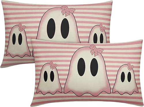 Miniatura 8 de Juego de 2 fundas de almohada lumbar de fantasma lindo de Halloween de 12 x 20 pulgadas, juego de 2 almohadas espeluznantes con estampado de rayas