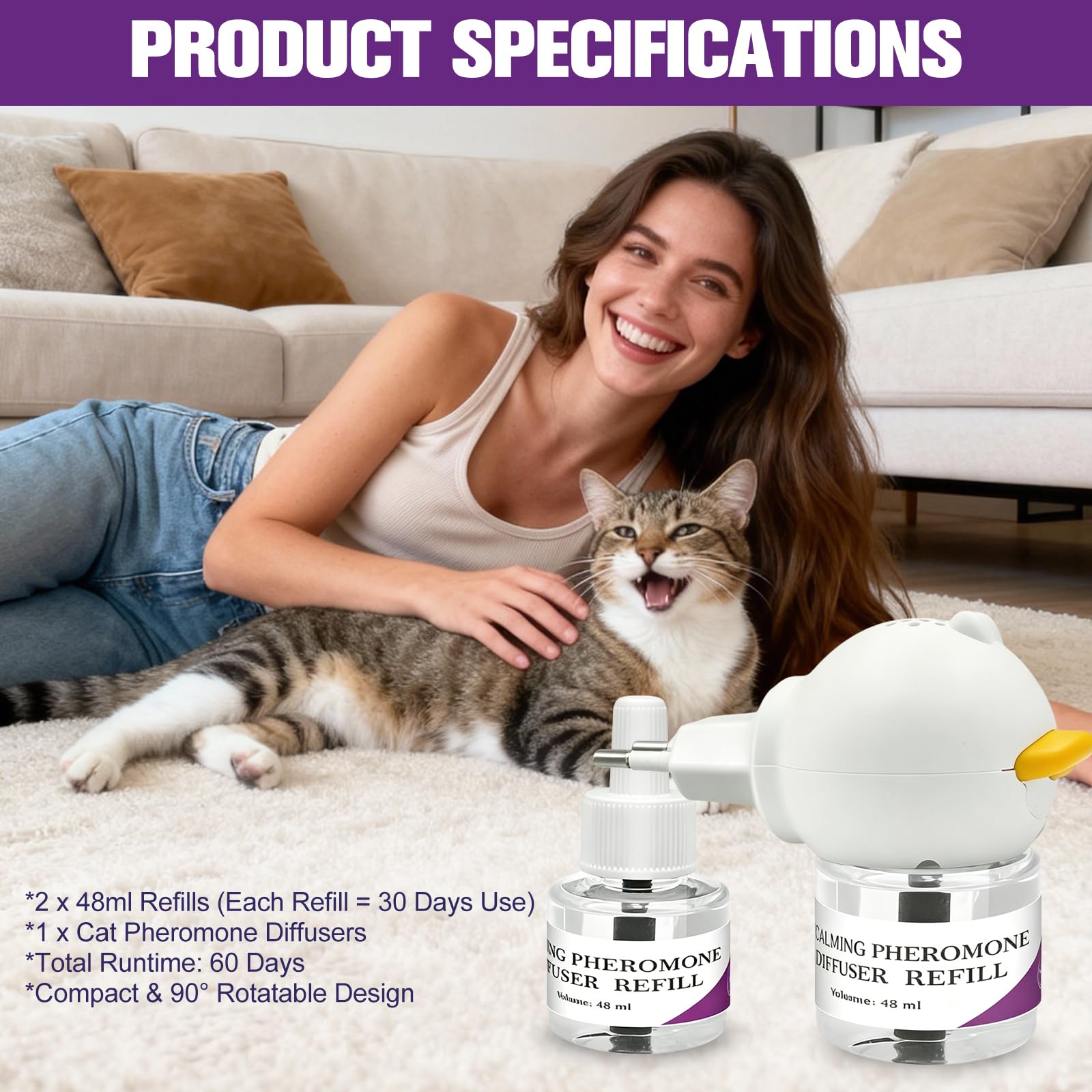 Difusor de Feromonas Calmantes para Gatos, 1 Difusor + 2 Recargas (48ml Cada una), 60 Días de Efecto Duradero, Sin Fármacos y Sin Olor, Alivia Ansiedad, Reduce Peleas, Detiene Orinar y Rascar (1)