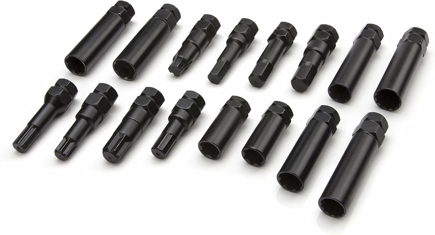 Steelman Pro - 78537 16-Piece Locking Lug Nut Master Key Set for Auto Mechanics Variety of Spline Star and Hex Style Keys Thin-Walled/Extra-Long Lug Keys to Prevent Damage to Wheels Double-Hex Heads