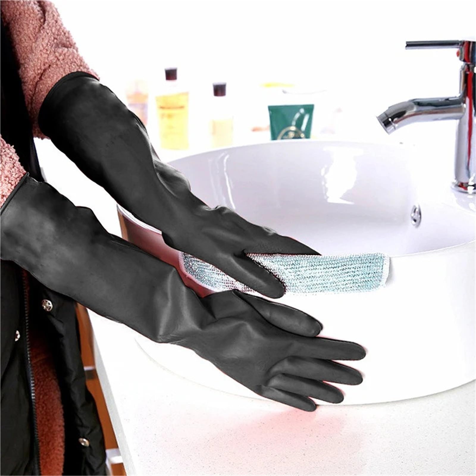 Latex Cleaning Gloves Fingers Crubbing Rubber Kitchen Dishwashing Tools Washing Scrub Silicone Self para lavar platos y tareas de limpieza(Black1)