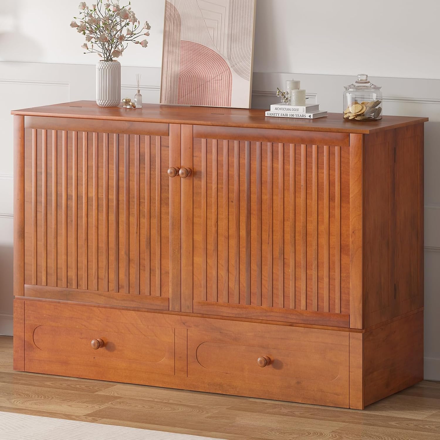 BALUS Murphy Cabinet Bed, Queen Cabinet Chest Bed with USB Charging Station, Tri-Fold Mattress, Storage Drawer Modern Convertible Wall Wooden Beds for Apartment Bedroom - Cherry