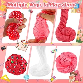 LAWOHO 6 Packs Learning Slime Kit, Red Slime Gifts for Kids, Cloud Butter Clear Slime Textures, Birthday Party Favors Goodie Bags Stuffer Anxiety Stress Relief Toys