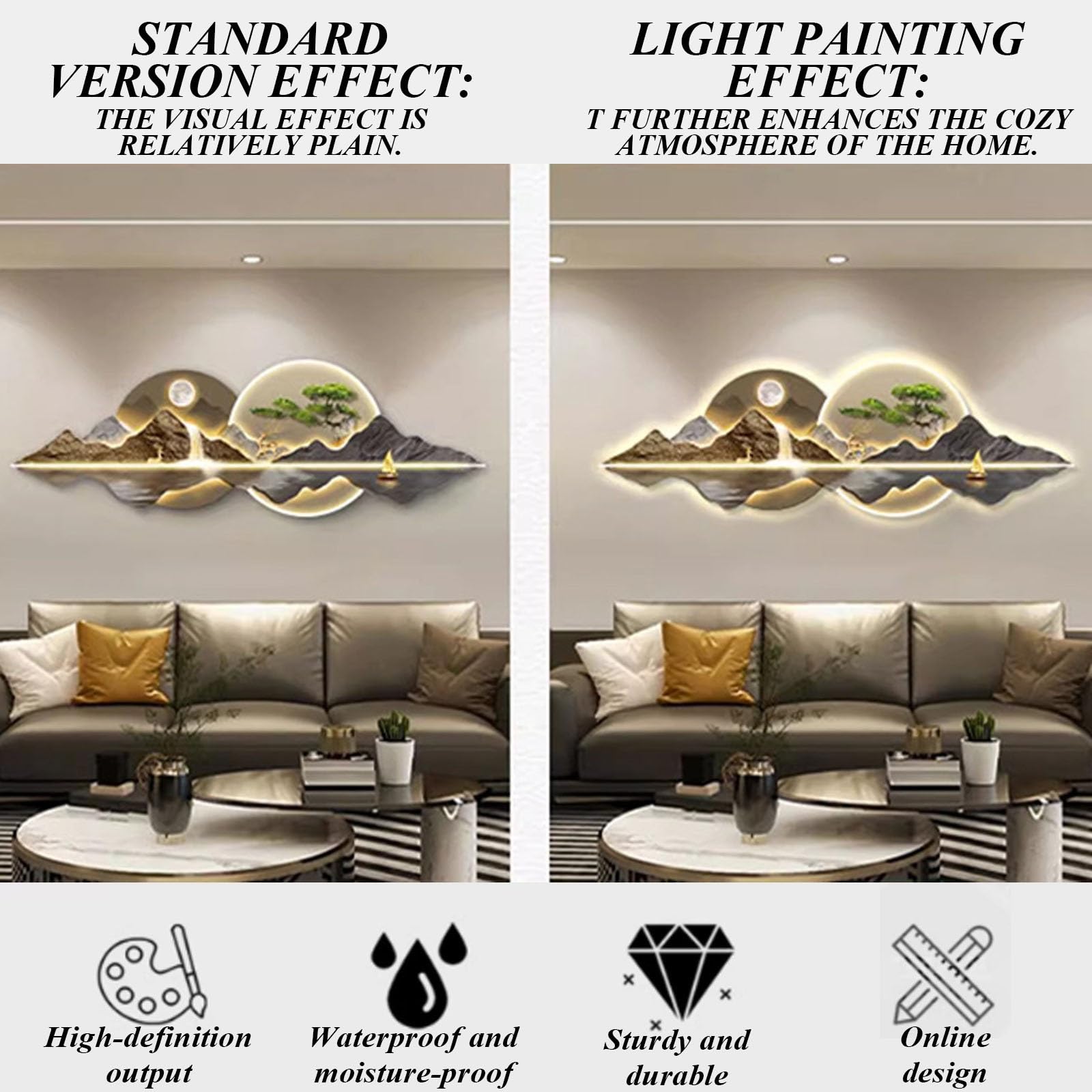 Wandkunst mit warmweißem LED-Licht，3D-Wandkunst LED-Beleuchtung – moderne chinesische Landschaftsmotive，Dekorative LED-Wandleuchten für Wohnzimmer,Schlafzimmer und Büros(B,150*50cm/59.1*19.7in)