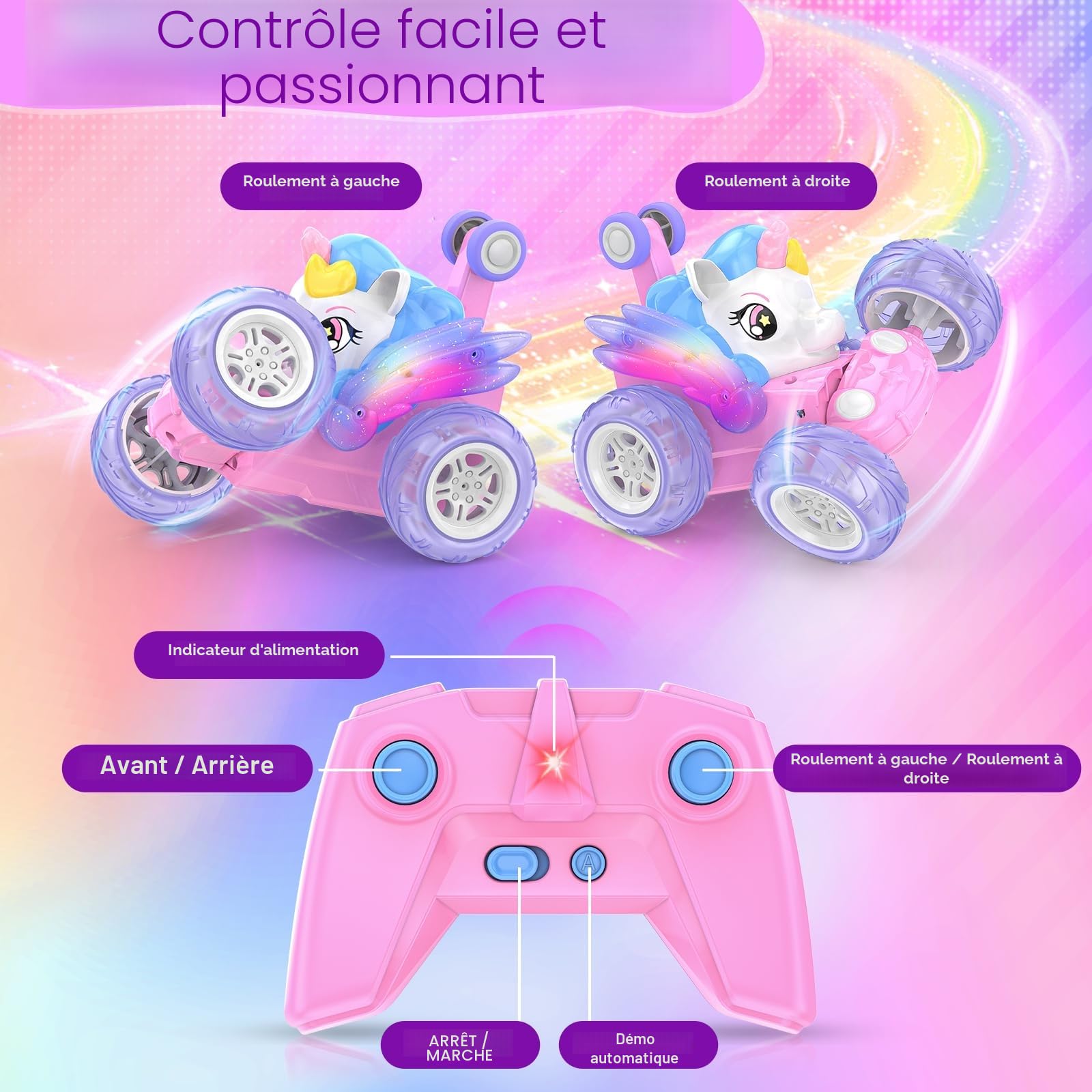 Voiture Télécommandée Fille Licorne Jouet Enfant 3 4 5 6 7 8 9 Ans Fille Voiture Cascadeuse Téléguidé 360° Rotation avec Ailes Brillantes Monster Truck Crawler Car Jeux Filles Cadeau Anniversaire Noël