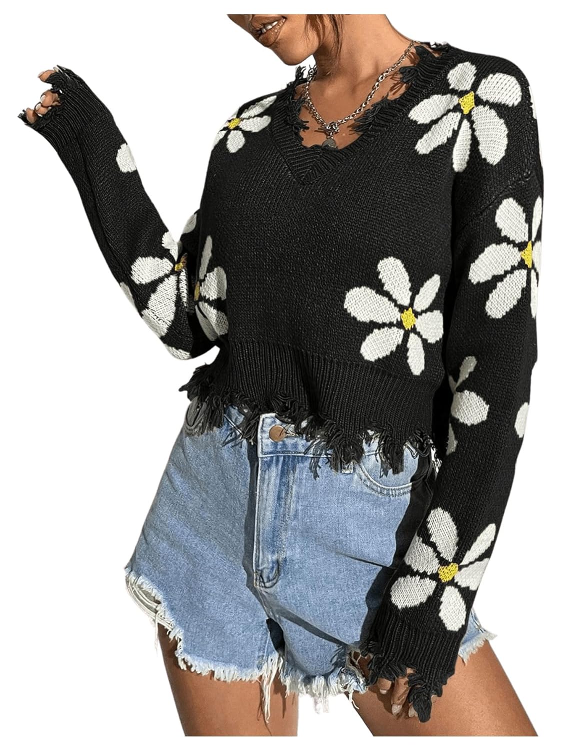 SHENHE Womens Distressed Sweater V Neck Floral Print Ripped Frayed Knitted Crop Top Sweater