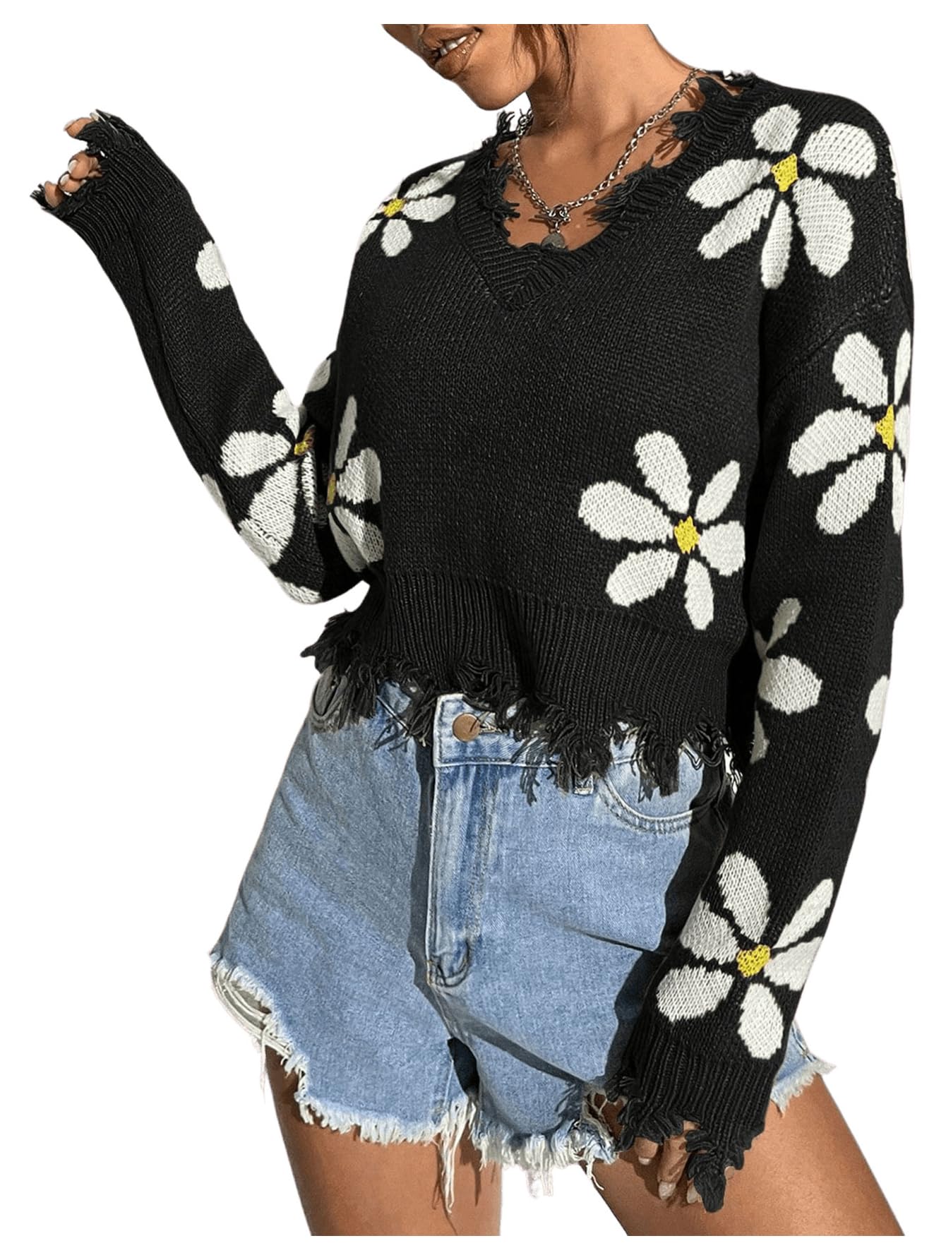 SHENHE Womens Distressed Sweater V Neck Floral Print Ripped Frayed Knitted Crop Top Sweater