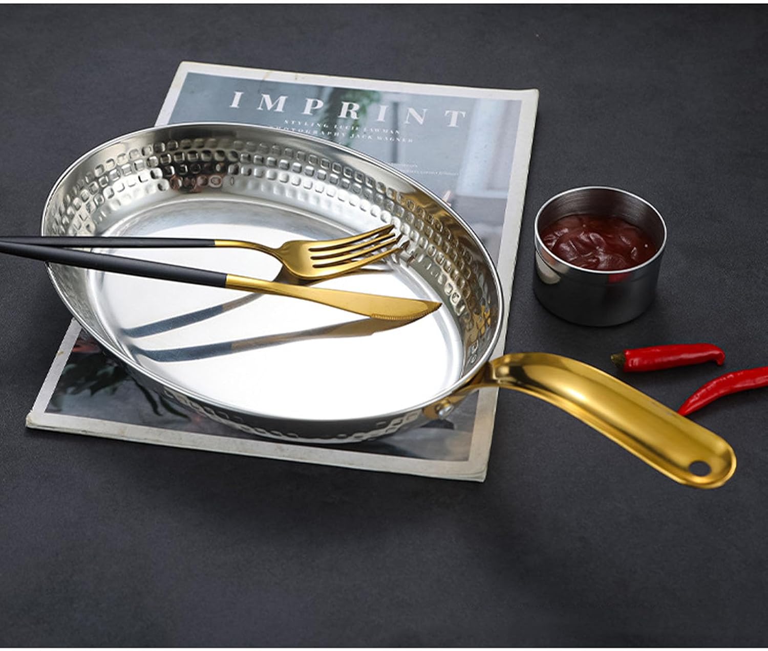 Stainless Steel Spanish Paella Pan Skillet - Versatile Non-Stick Cooking Seafood Pot for Home and Restaurant,Rose Gold,22cm