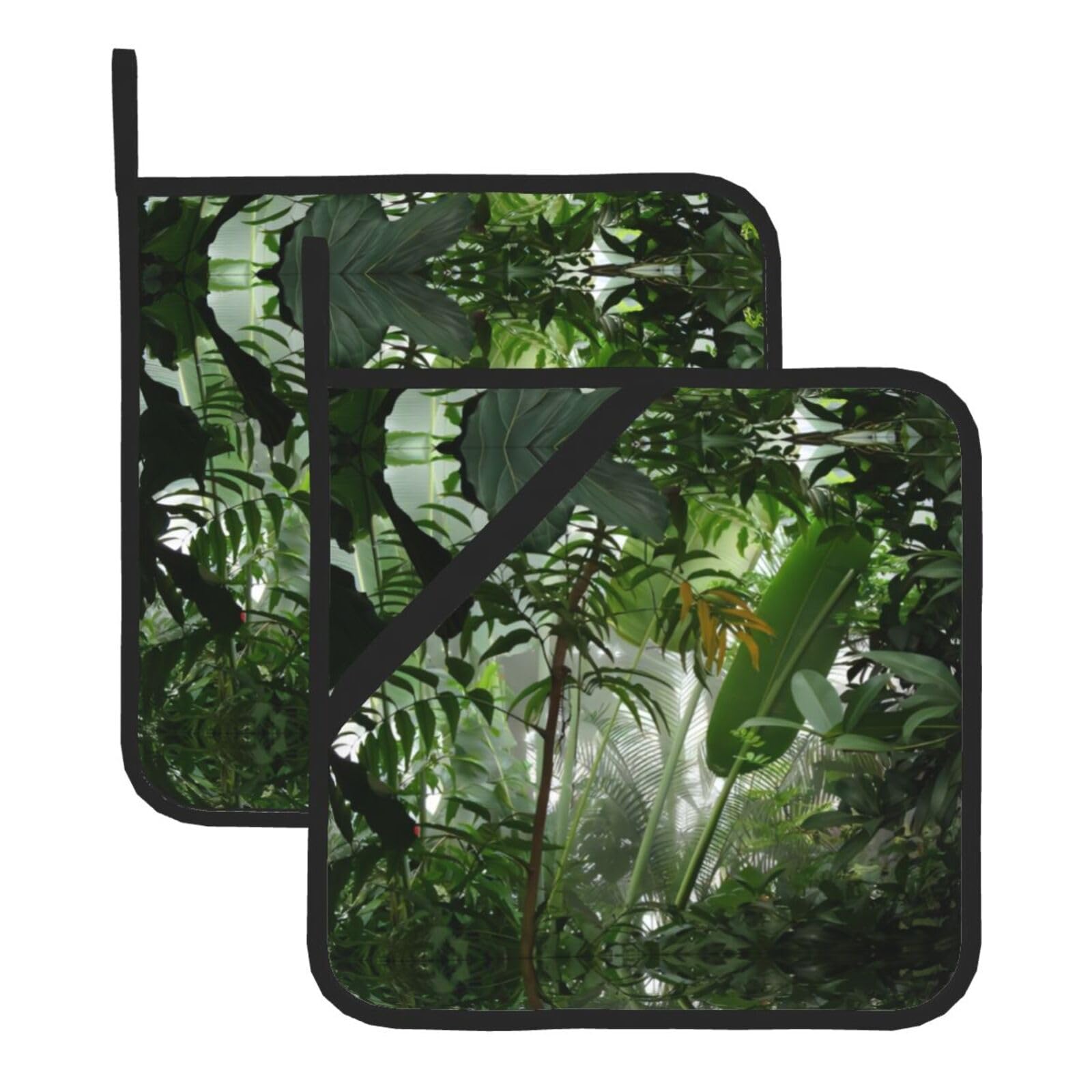 YYHHAOFA Tropical Rainforest Jungle Scene Prints Square Hot Pads for Kitchen Counter - Waterproof Pot Covers with Hanging Loop - Thick Heat Resistant Trivets for Microwave & Oven (2-Pack)