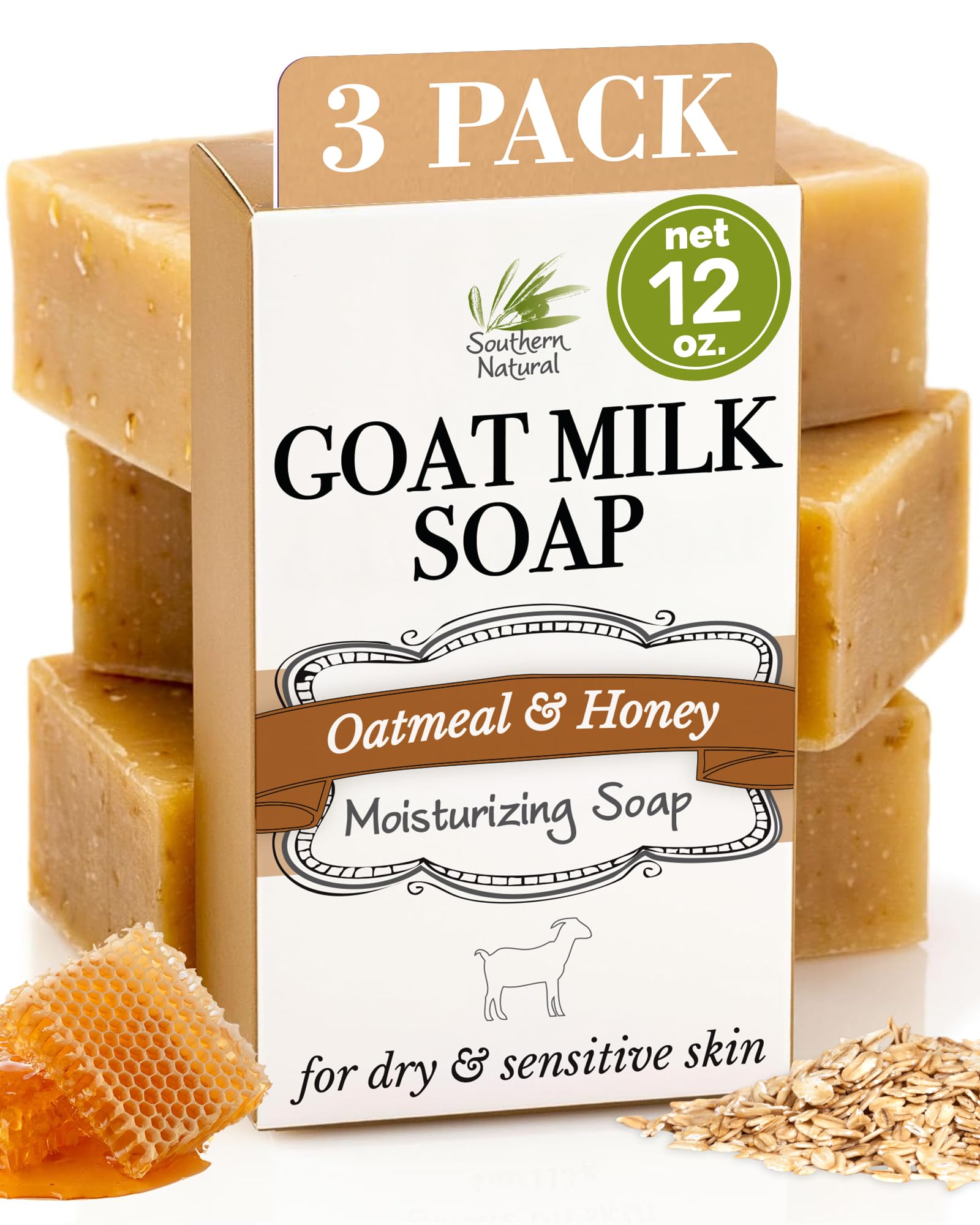 Southern Natural Oatmeal Soap Bar (3 Pack) Unscented Goat Milk Soap Bars With Colloidal Oatmeal & Honey. For Dry, Sensitive Skin. Fragrance Free Cleanser