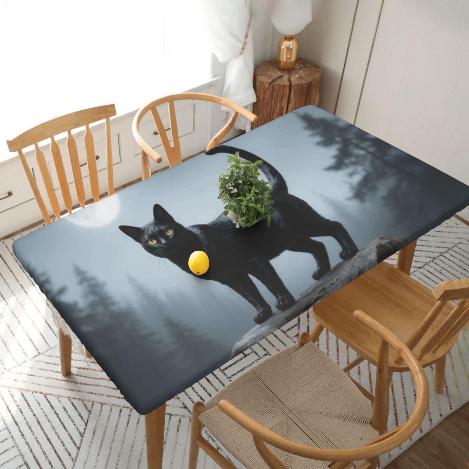 Fodpand Black Cat Spandex Fitted Tablecloth For 5 Foot Rectangle Tables,Waterproof Picnic Table Cover Stretch Table Cloth Washable Table Protector For Picnic, Camping, Outdoor