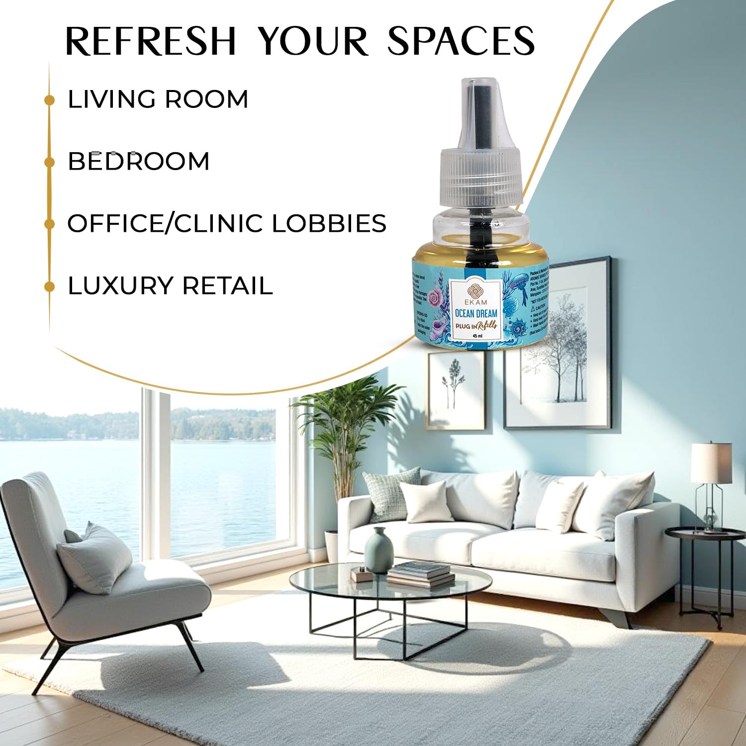 EKAM Plug-In Air Freshener Refill (45ml) | Ocean Dream Scent for Room/Bathroom | Automatic Refill | Lasts up to 125 Days / 500 Hours | Perfect for Living Rooms, Bedrooms & More - Image 7 thumbnail