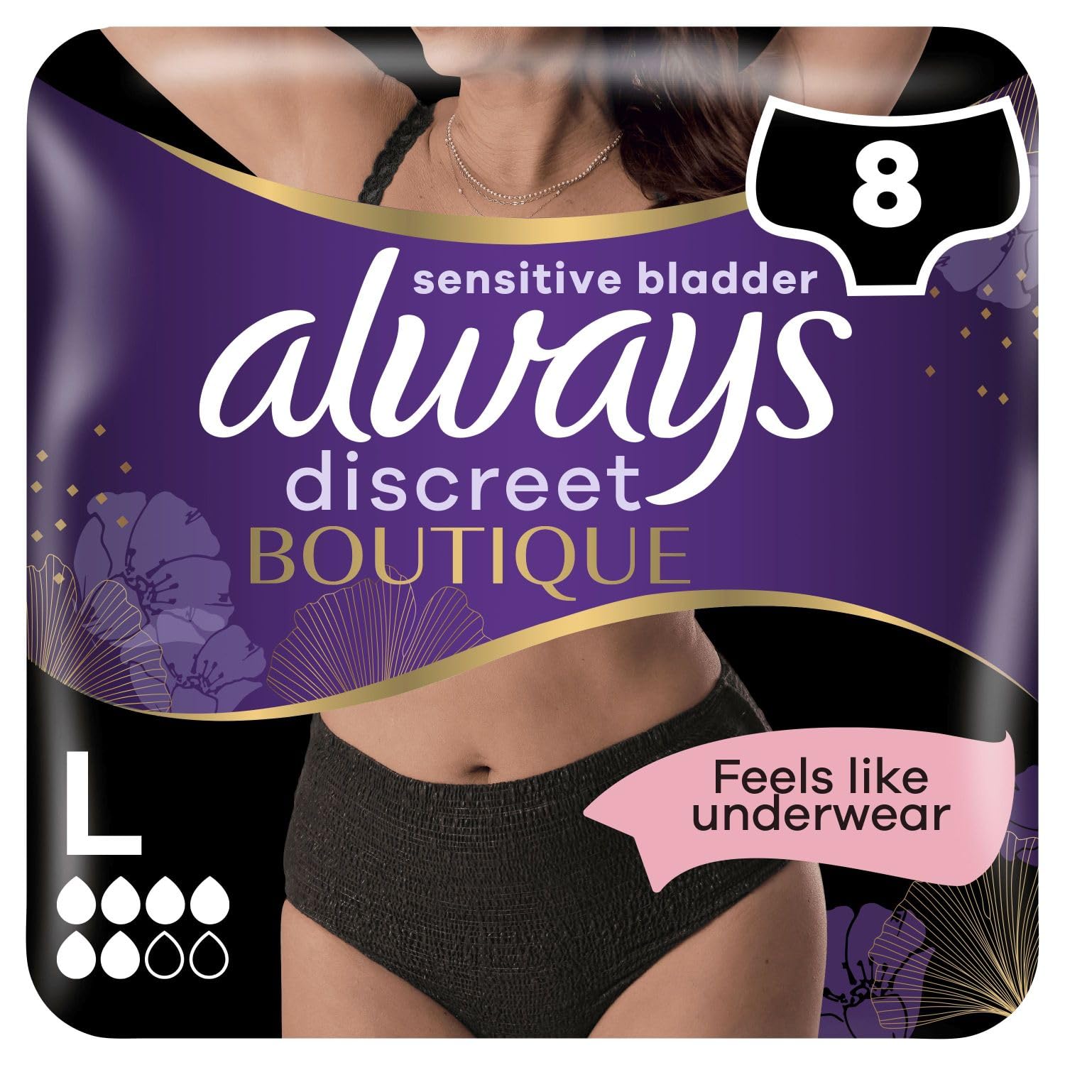 Always Discreet Boutique Underwear Incontinence Pants Plus L Black X 8, for Sensitive Bladder, Locks Away Odours, Wetness and Prevent Leaks