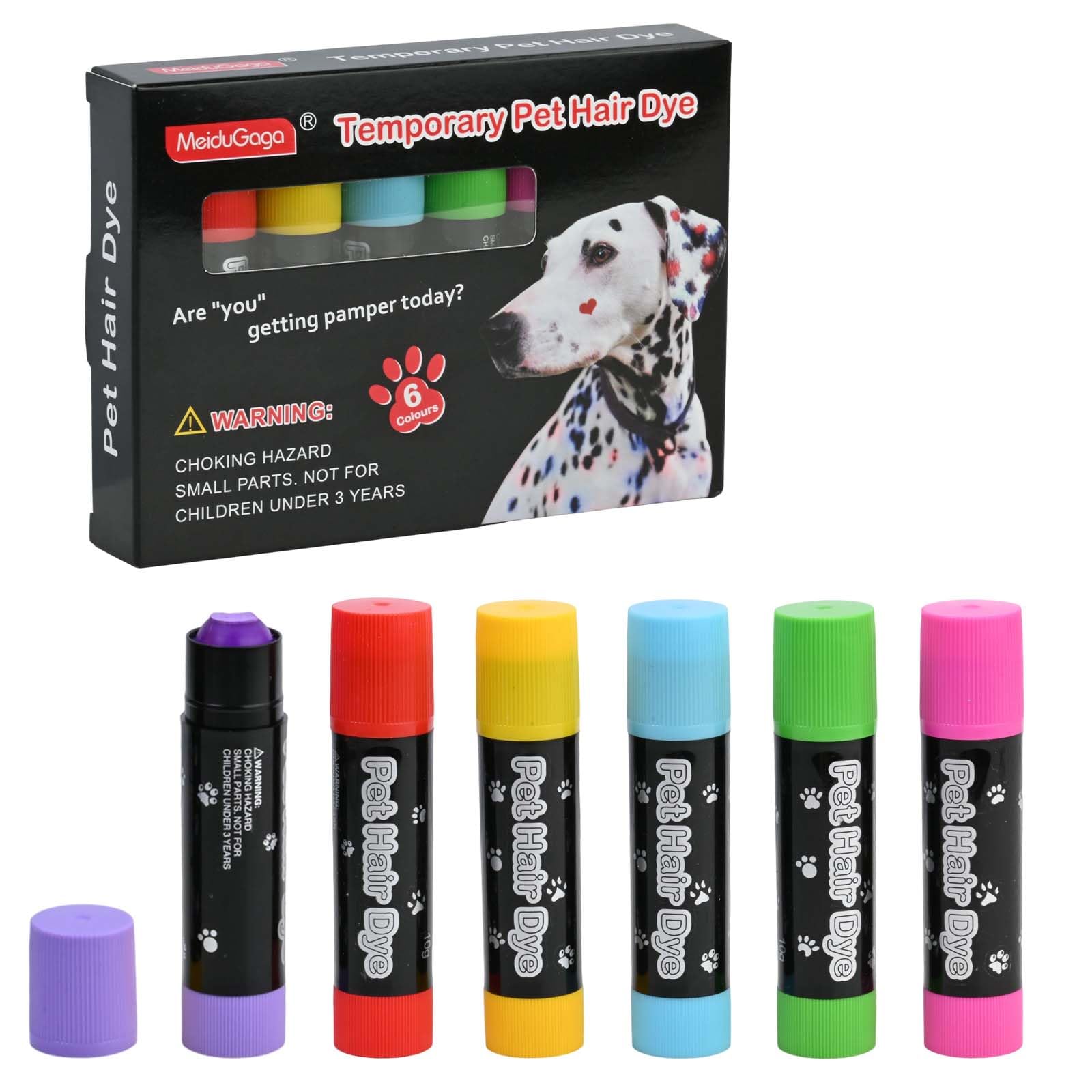 6 Couleurs Teinture Capillaire sans Danger pour Chien, Crayon de Stylage et Coloration pour Poils, Marqueurs de Peinture pour Stylage Créatif sur Chats Chevaux et Animaux de Compagnie