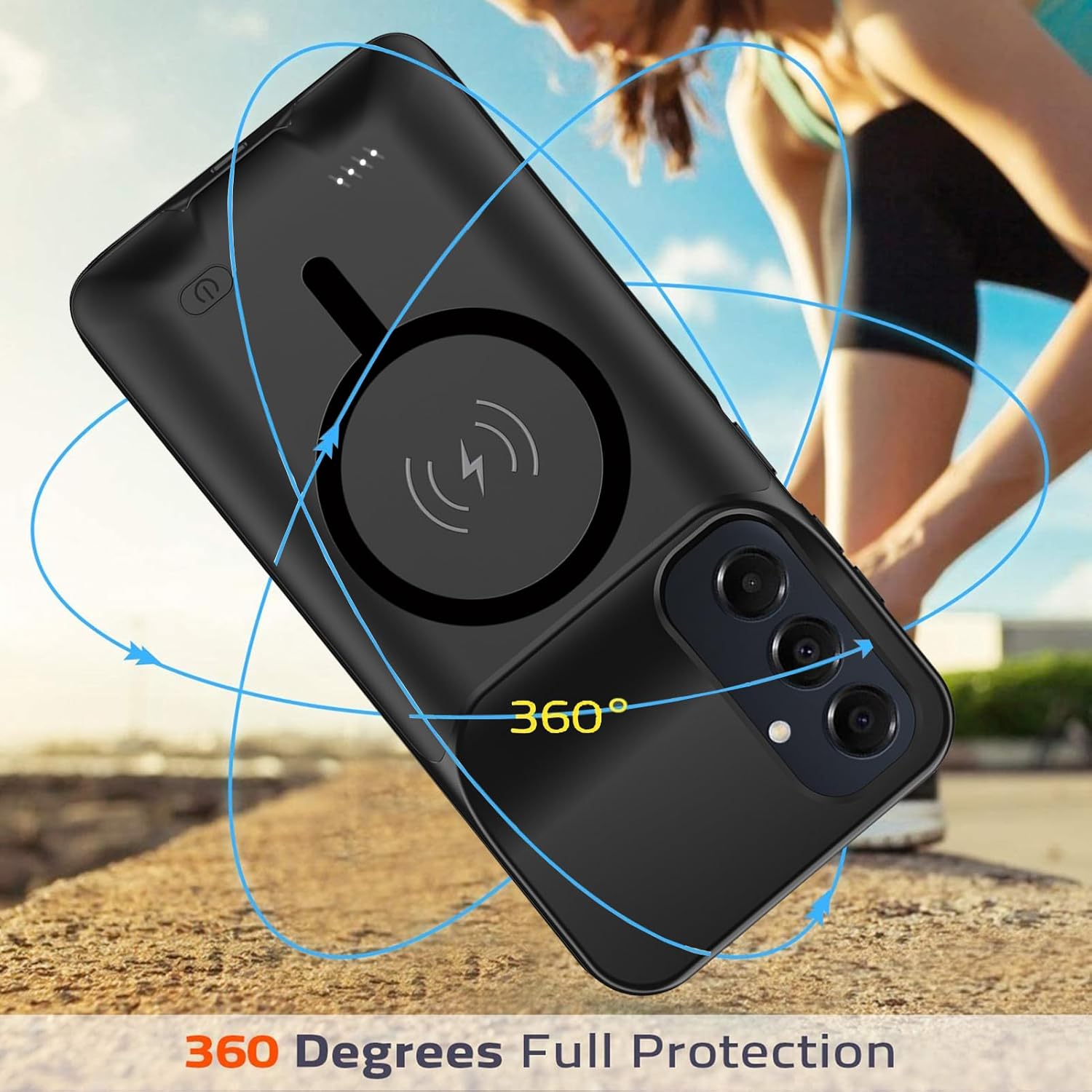 Battery Case for Galaxy A15, Full Encircle 10000mAh Capacity Rechargeable Portable Charger Case Extended Battery Pack for Galaxy A15(6.5 inch) Wireless Charging Cover with Carplay-Black