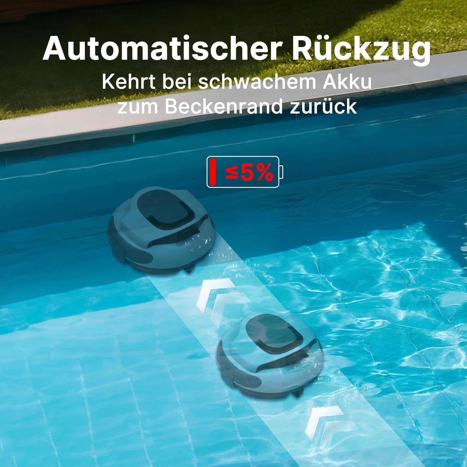 POOLPURE Akku Poolroboter 2026 – Kabelloser Poolsauger mit 100 Min Laufzeit, Automatischer Poolreiniger für Flache Aufstellbecken bis 90m², Dual Hall-Sensoren, 5000mAh, IPX8