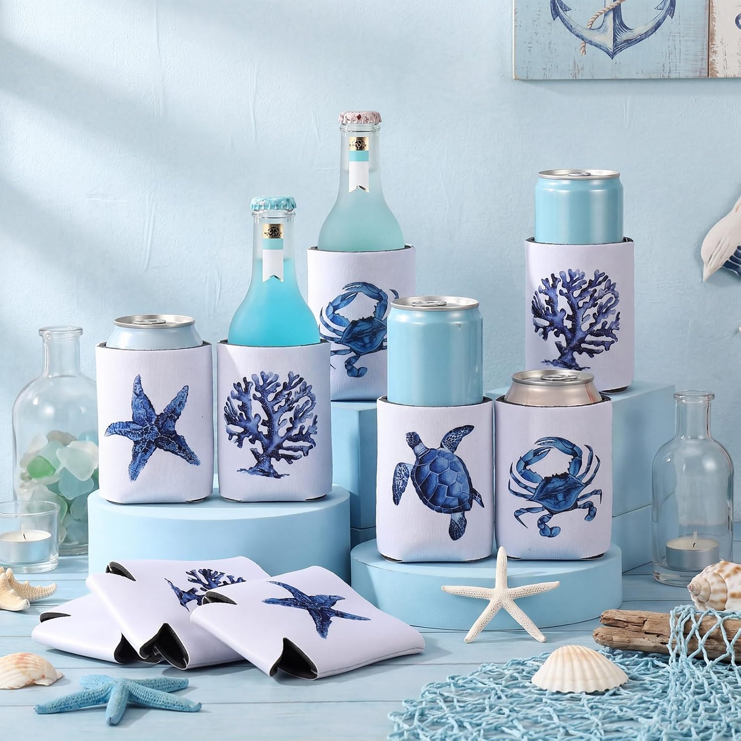 12 Pcs Coastal Can Cooler Sleeves, Ocean Themed
