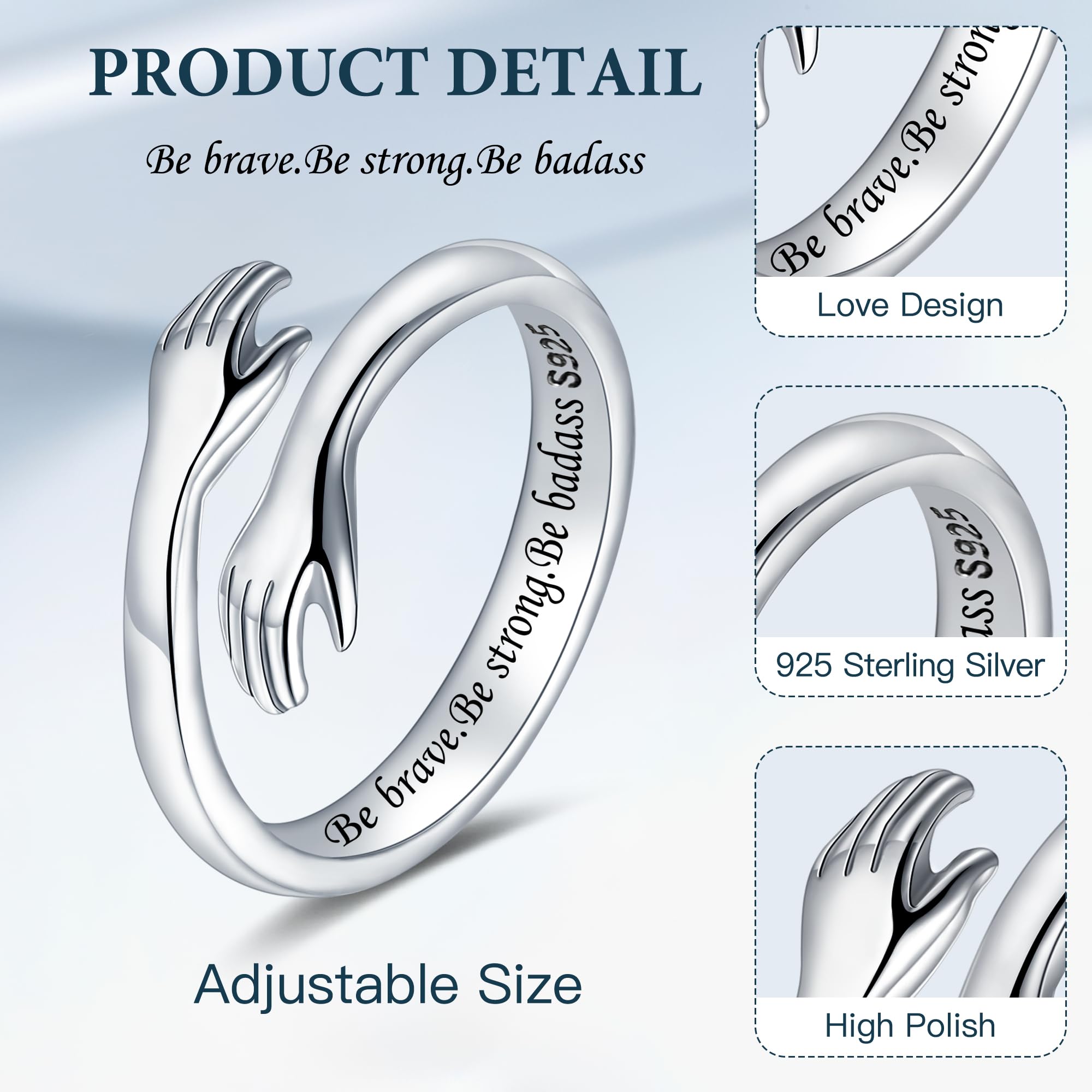 LOVECOM Anillos de abrazo de plata de ley S925 para mujeres, adolescentes, niñas, ajustables, abrazar, anillo abierto para hombres, anillos de promesa, joyas de cumpleaños, regalo para papá, US Size 6