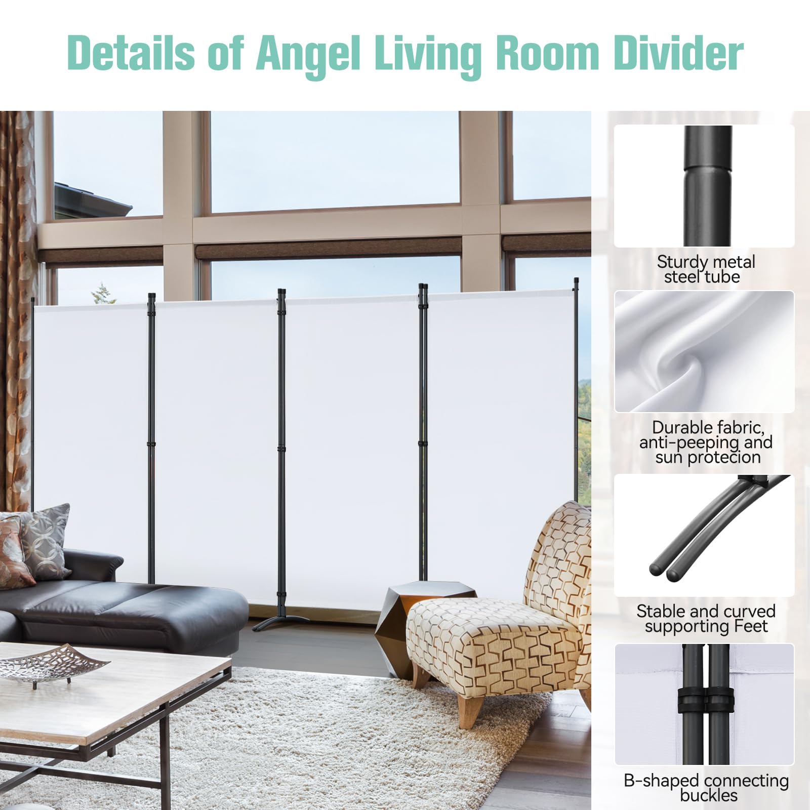 Angel Living Biombo Divisor de Ambientes de 4 Paneles, Biombo Protector, Biombo Plegable, Separadores de Ambientes para Sala de Estar, Jardín, Exterior Natural 324 x 180 cm (Blanco)