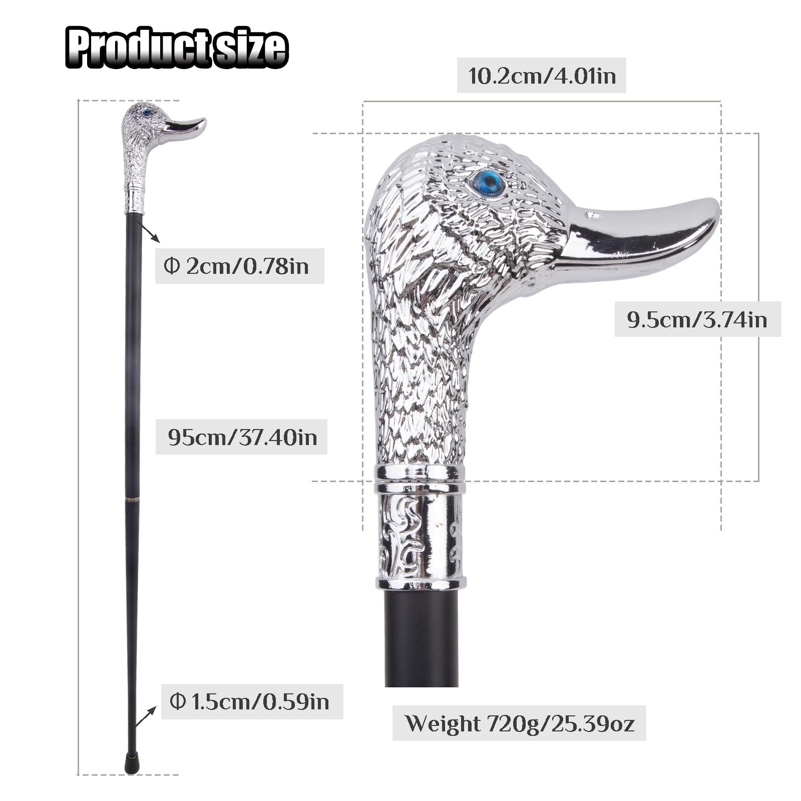 Silver Duck Gentleman Head, zdejmowana dwuczęściowa antypoślizgowa laska dla seniorów, idealna na piesze wycieczki lub dekoracje imprezowe, 94 cm (37 cali)