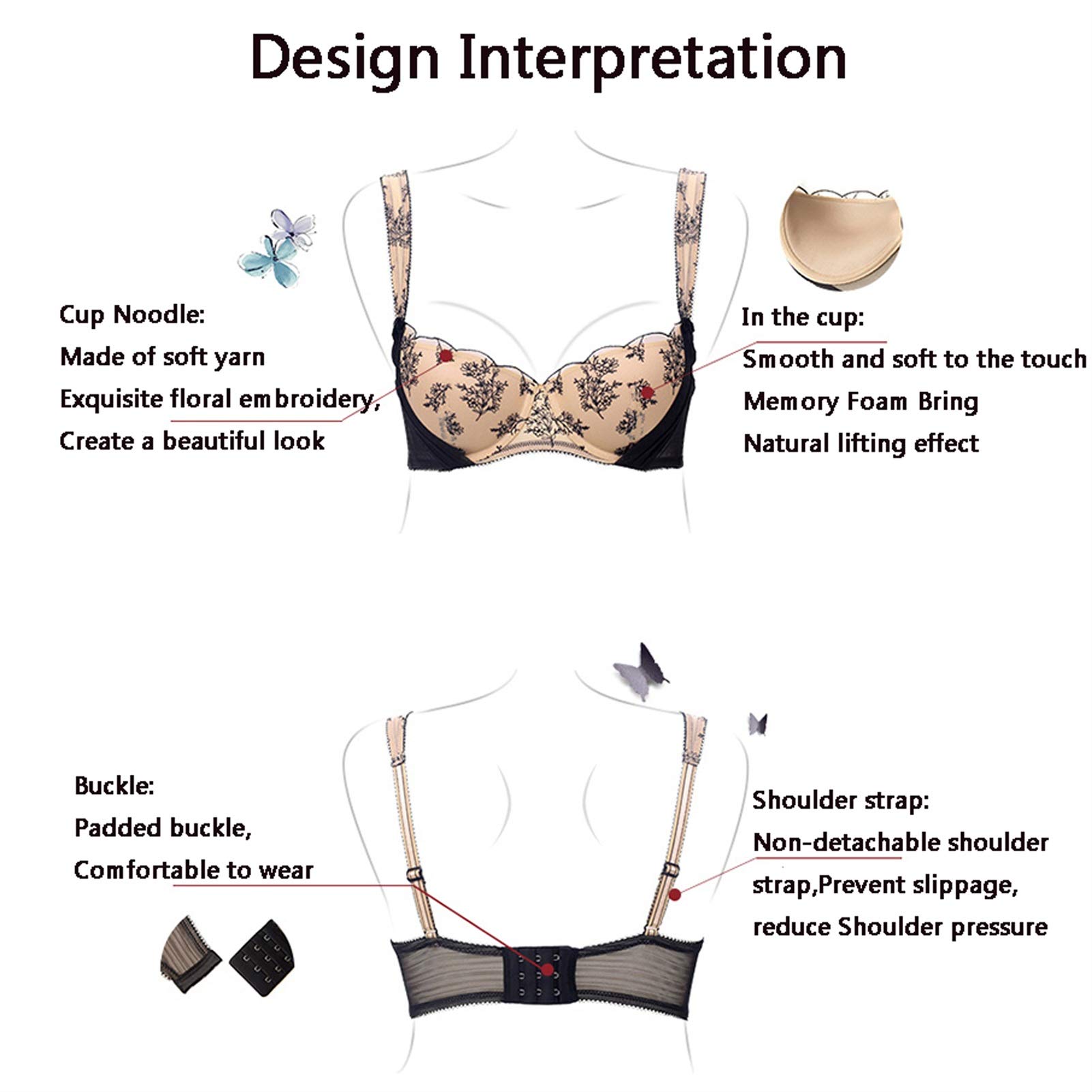 Brasier con aros para mujer, sexy push up encaje bordado media taza Bralette confort (color : tono de piel, tamaño: