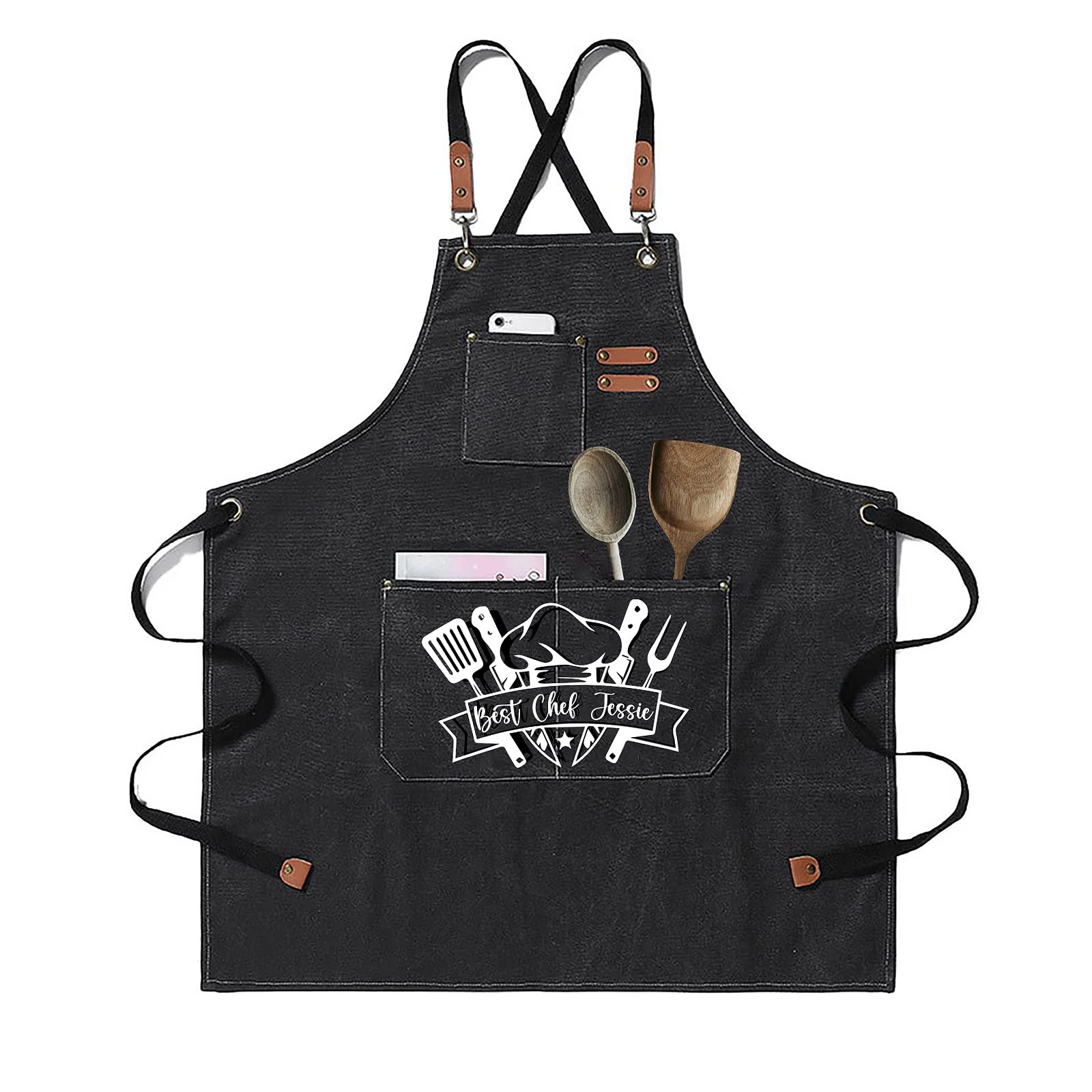 Personalized Canvas Apron for Men Women, Large Pockets, Adjustable Straps, Customized Funny Cooking Aprons for BBQ Lover, Add Your Name/Text, Handcrafted Gift for Father's Day, Birthday, Husband