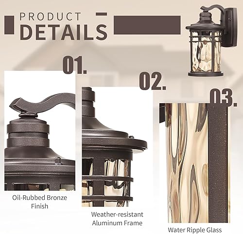 Miniatura 4 de Darkaway Lámpara de Pared para Exteriores, Luces de Porche Exteriores Montadas en la Pared de Vidrio Ondulado Ámbar Exterior Impermeable Aplique de