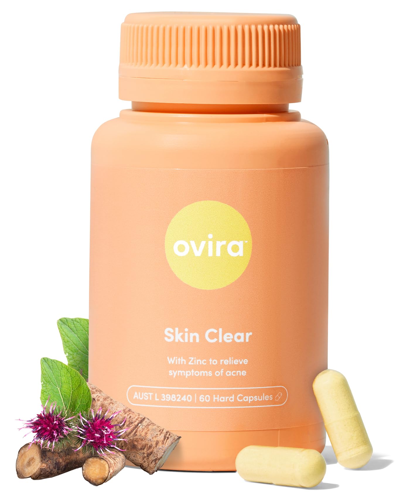 Ovira Skin Clear with ZINCBRIGHT - 60 Capsules for Clear & Glowing Skin | Rosacea & Hormonal Acne Treatment with Vitamin C | Support Collagen Production | Acne Supplements for Women & Men - Pack of 1
