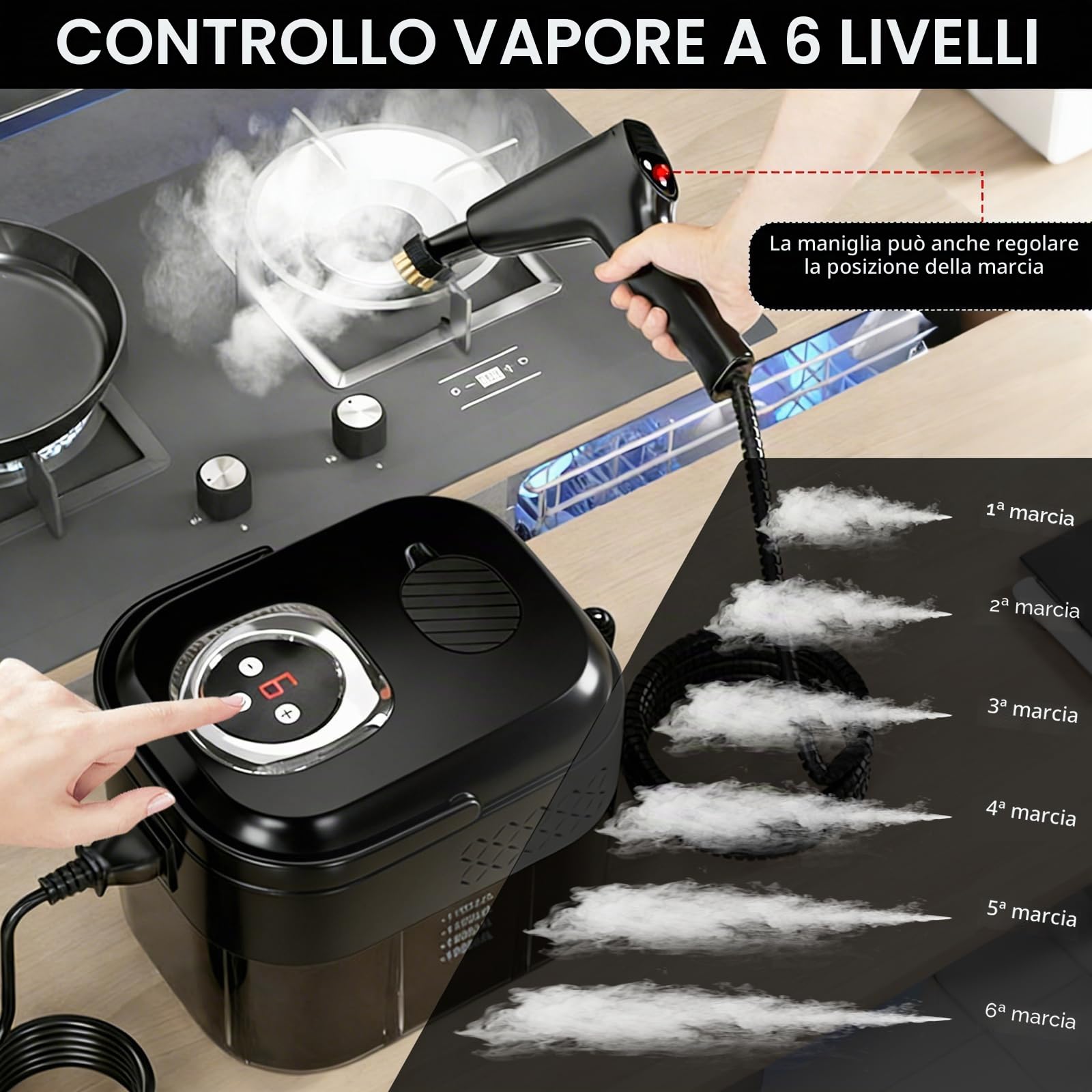 Pulitore a Vapore Portatile, 2500W Pulitore Vapore Casa, Maniglia Regolabile in 6 Livelli, Serbatoio Dell'acqua da 1700ml, Macchina per Pulizia a Vapore per Cucina, Piastrelle, Mobili